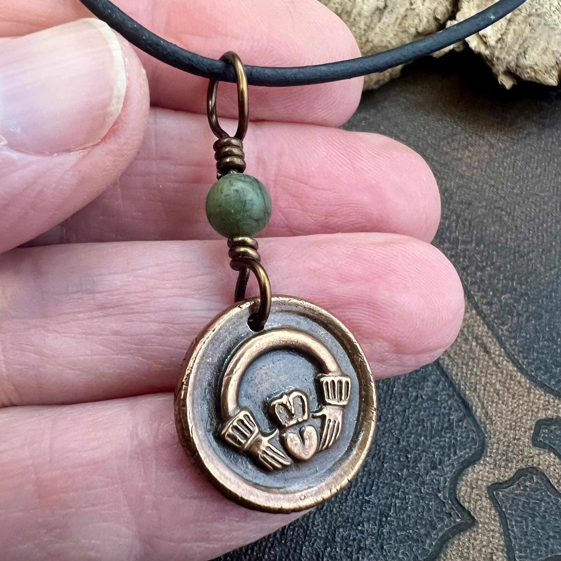 Copper Claddagh Charm, Wax Seal Charm, Connemara Marble, Irish Celtic Jewelry, Pagan, 7th Anniversary, Love, Friendship, Loyalty, Handmade