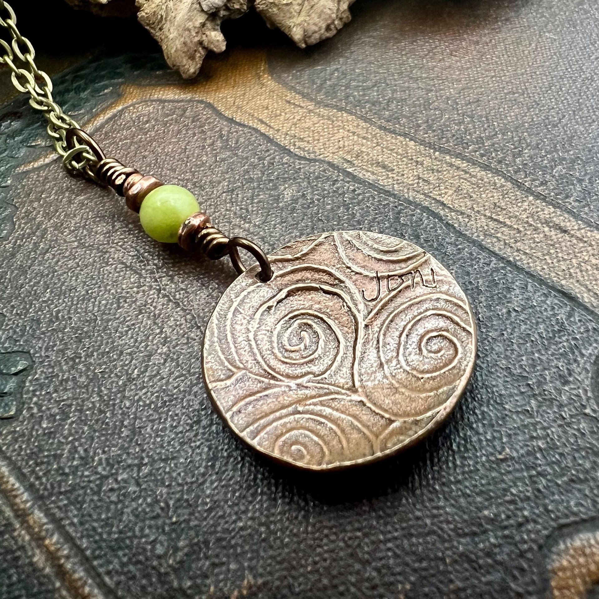 Celtic Sun Spiral Necklace, Copper Patina Pendant, Connemara Marble Bead, Irish Celtic Spirals, Colorful Sun, Pagan Celtic Witch, Handmade
