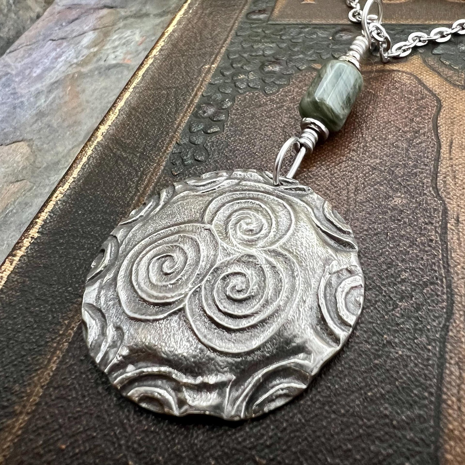 Newgrange Spirals, Sterling Silver Pendant, Connemara Marble, Irish Celtic, Triskele Triskelion, Triple Spiral, Celtic Pagan Witch, Handmade