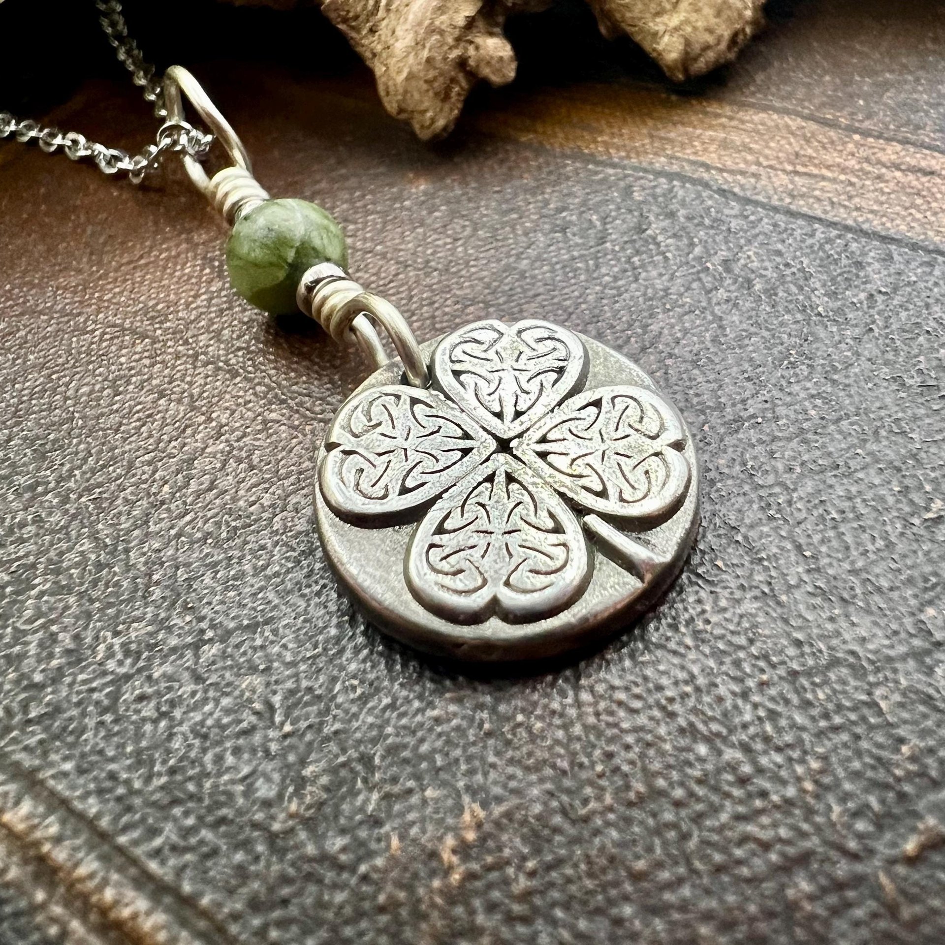 Four Leaf Clover, Sterling Silver, Wax Seal Charm, Connemara Marble, Irish Celtic Jewelry, Pagan Celtic Witch, 4 Leaf, Luck of the Irish
