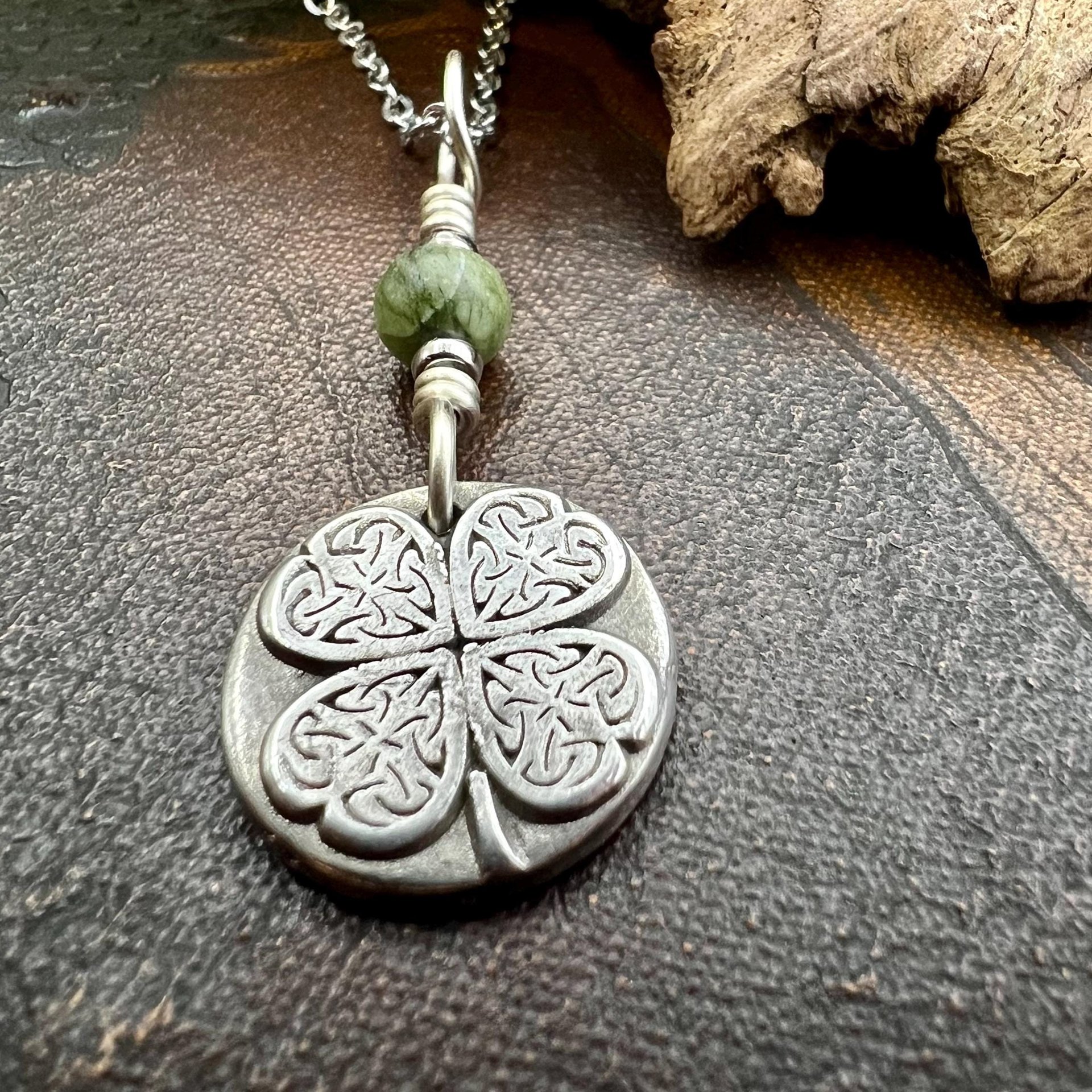 Four Leaf Clover, Sterling Silver, Wax Seal Charm, Connemara Marble, Irish Celtic Jewelry, Pagan Celtic Witch, 4 Leaf, Luck of the Irish
