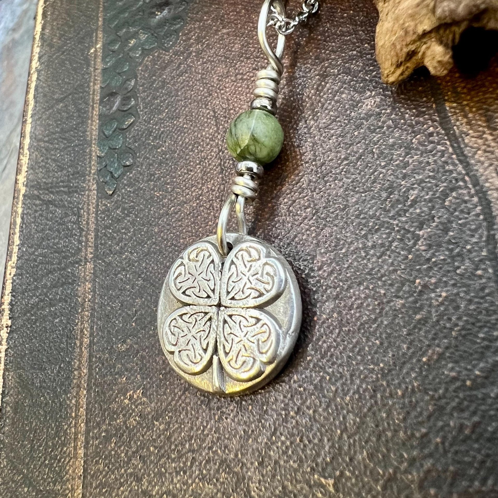 Four Leaf Clover, Sterling Silver, Wax Seal Charm, Connemara Marble, Irish Celtic Jewelry, Pagan Celtic Witch, 4 Leaf, Luck of the Irish