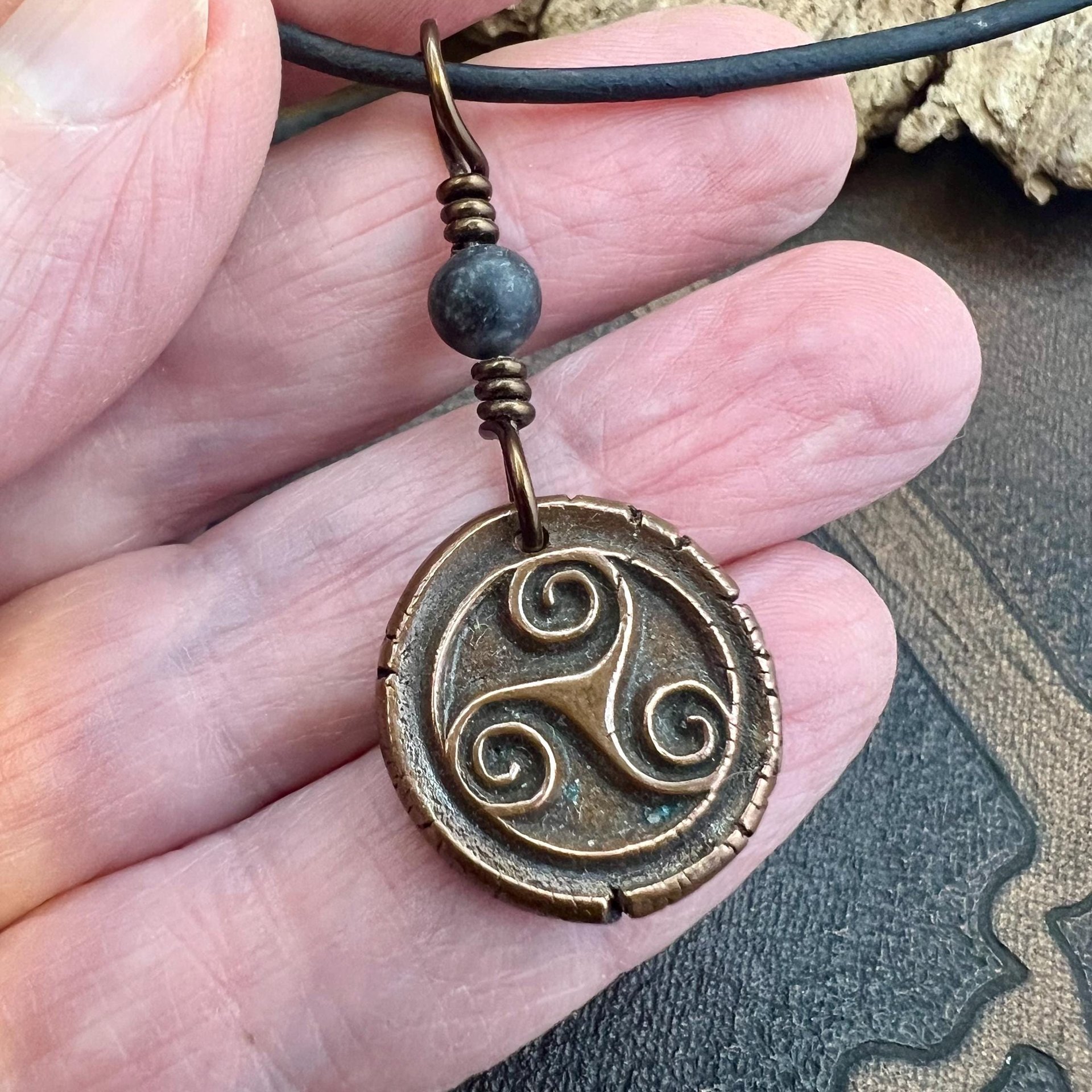 Triskele Charm, Copper Necklace, Wax Seal Charm, Connemara Marble, Irish Celtic Pagan, 7 Anniversary, Celtic Witch, Triskelion Triple Spiral