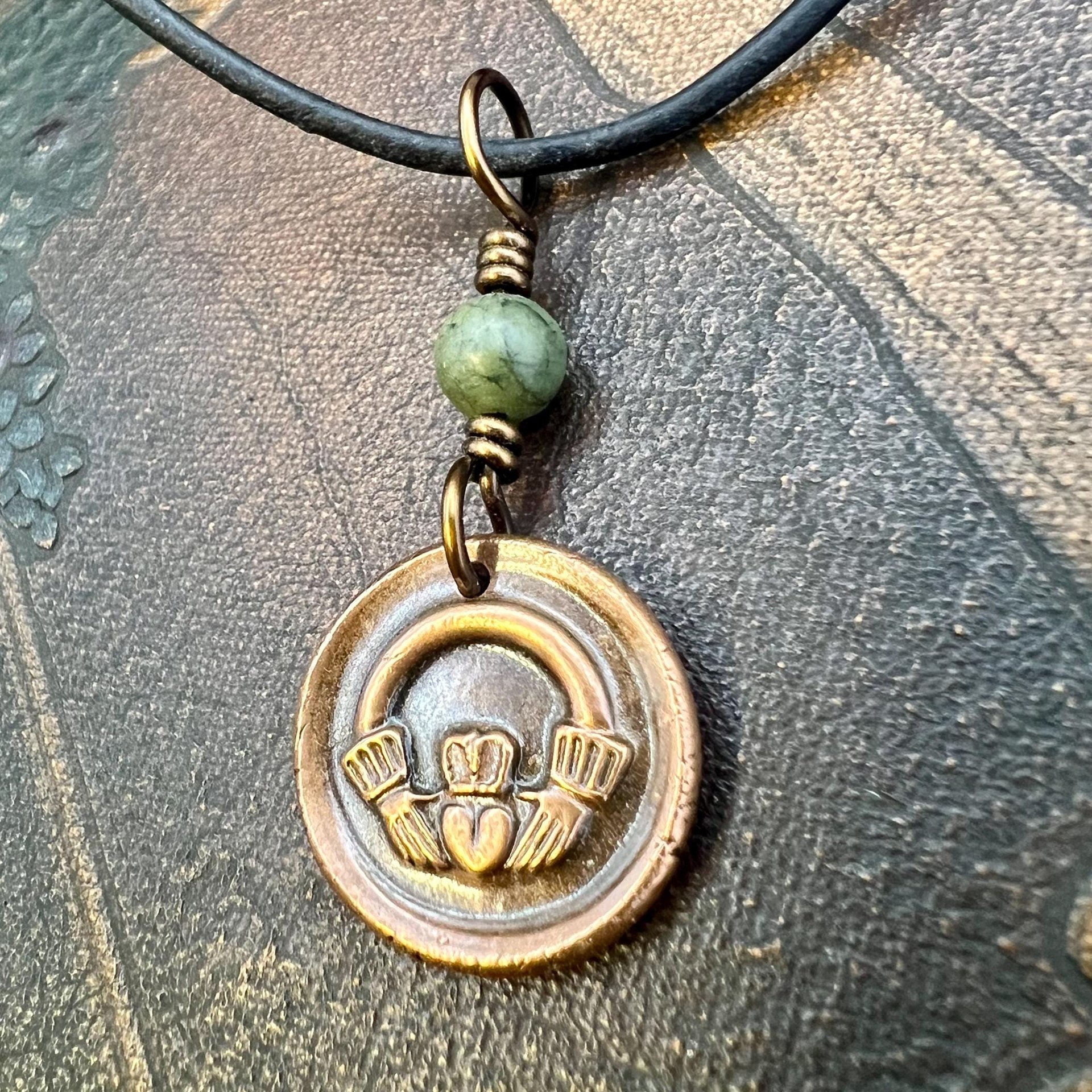 Copper Claddagh Charm, Wax Seal Charm, Connemara Marble, Irish Celtic Jewelry, Pagan, 7th Anniversary, Love, Friendship, Loyalty, Handmade