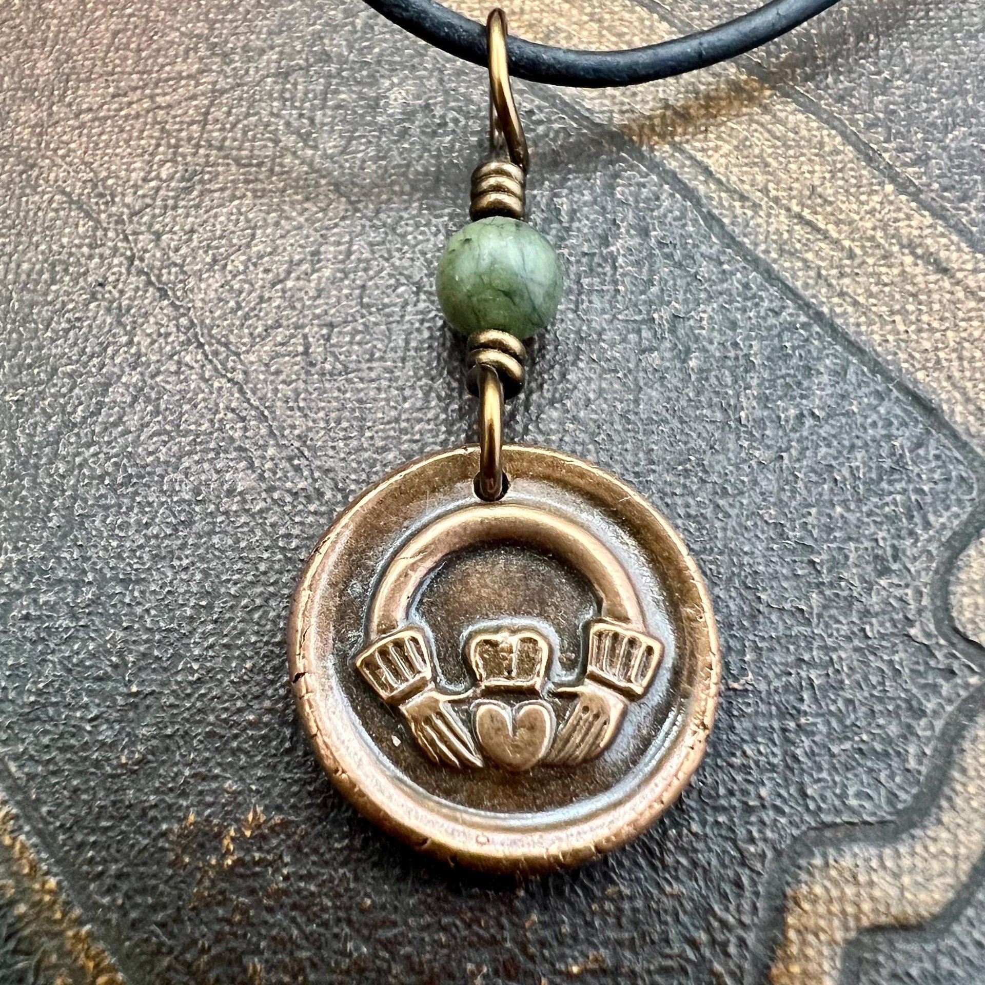 Copper Claddagh Charm, Wax Seal Charm, Connemara Marble, Irish Celtic Jewelry, Pagan, 7th Anniversary, Love, Friendship, Loyalty, Handmade