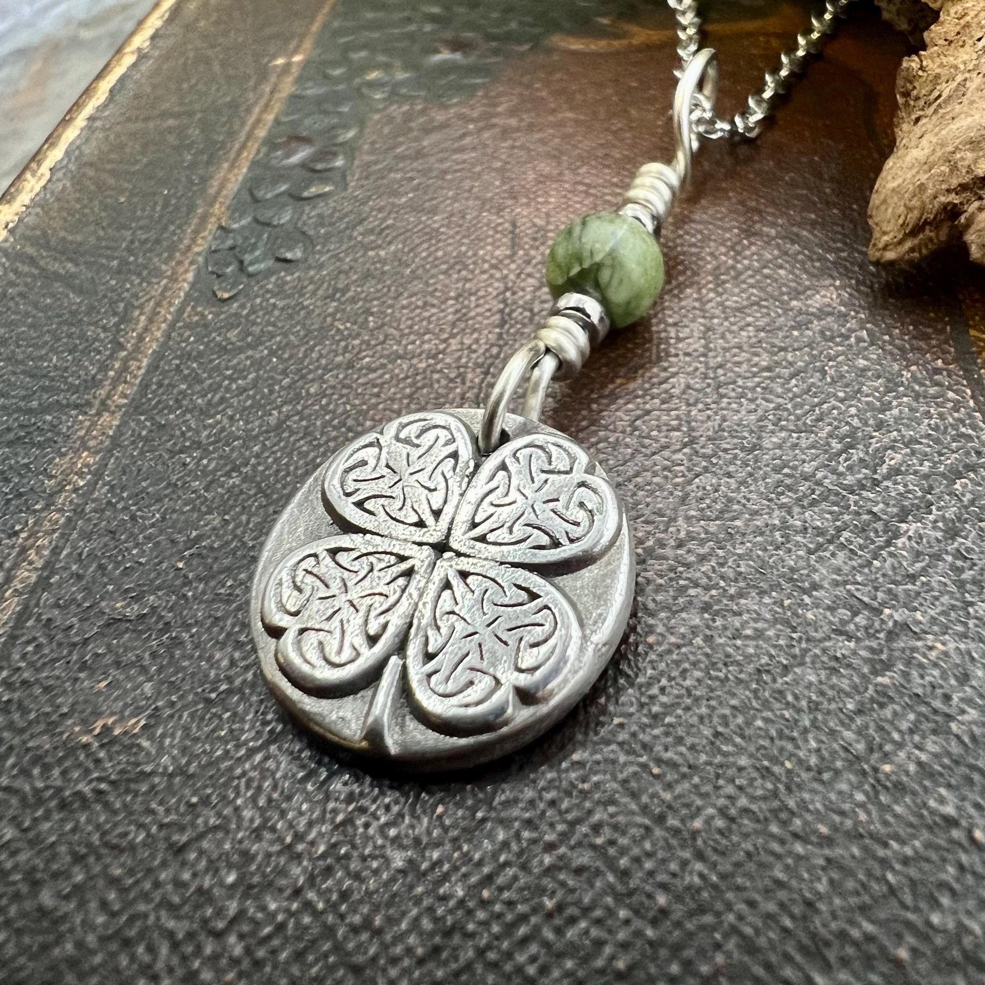 Four Leaf Clover, Sterling Silver, Wax Seal Charm, Connemara Marble, Irish Celtic Jewelry, Pagan Celtic Witch, 4 Leaf, Luck of the Irish