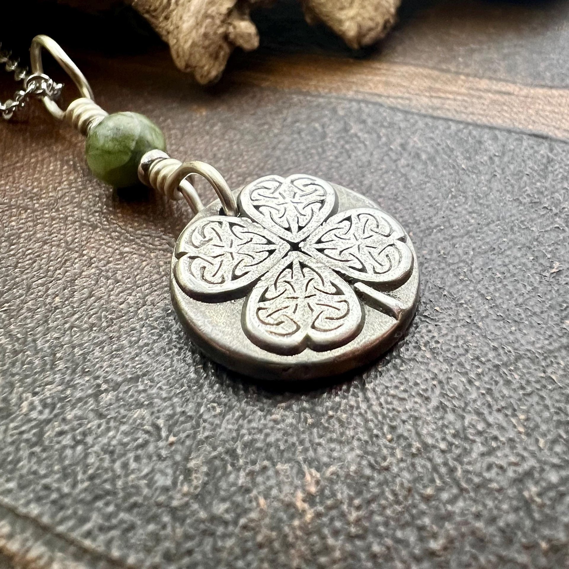 Four Leaf Clover, Sterling Silver, Wax Seal Charm, Connemara Marble, Irish Celtic Jewelry, Pagan Celtic Witch, 4 Leaf, Luck of the Irish