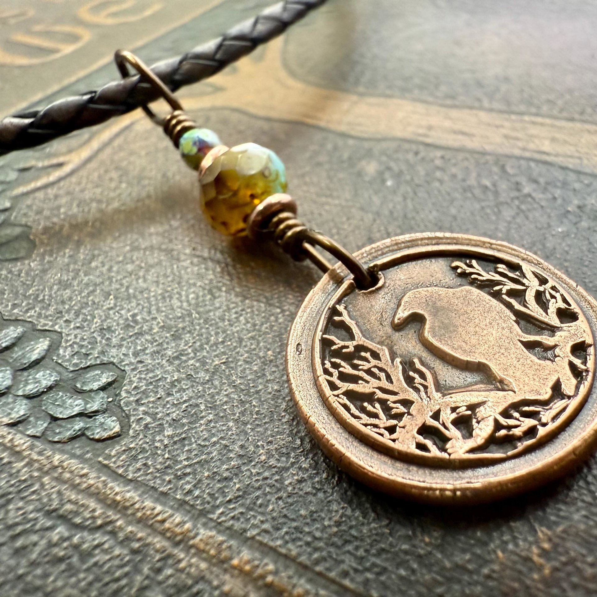 Copper Raven, Wax Seal Charm, Irish Celtic, Czech Glass, Leather & Vegan Cords, Crow Corvid, Handmade Art Jewelry, Celtic Witch, Messengers
