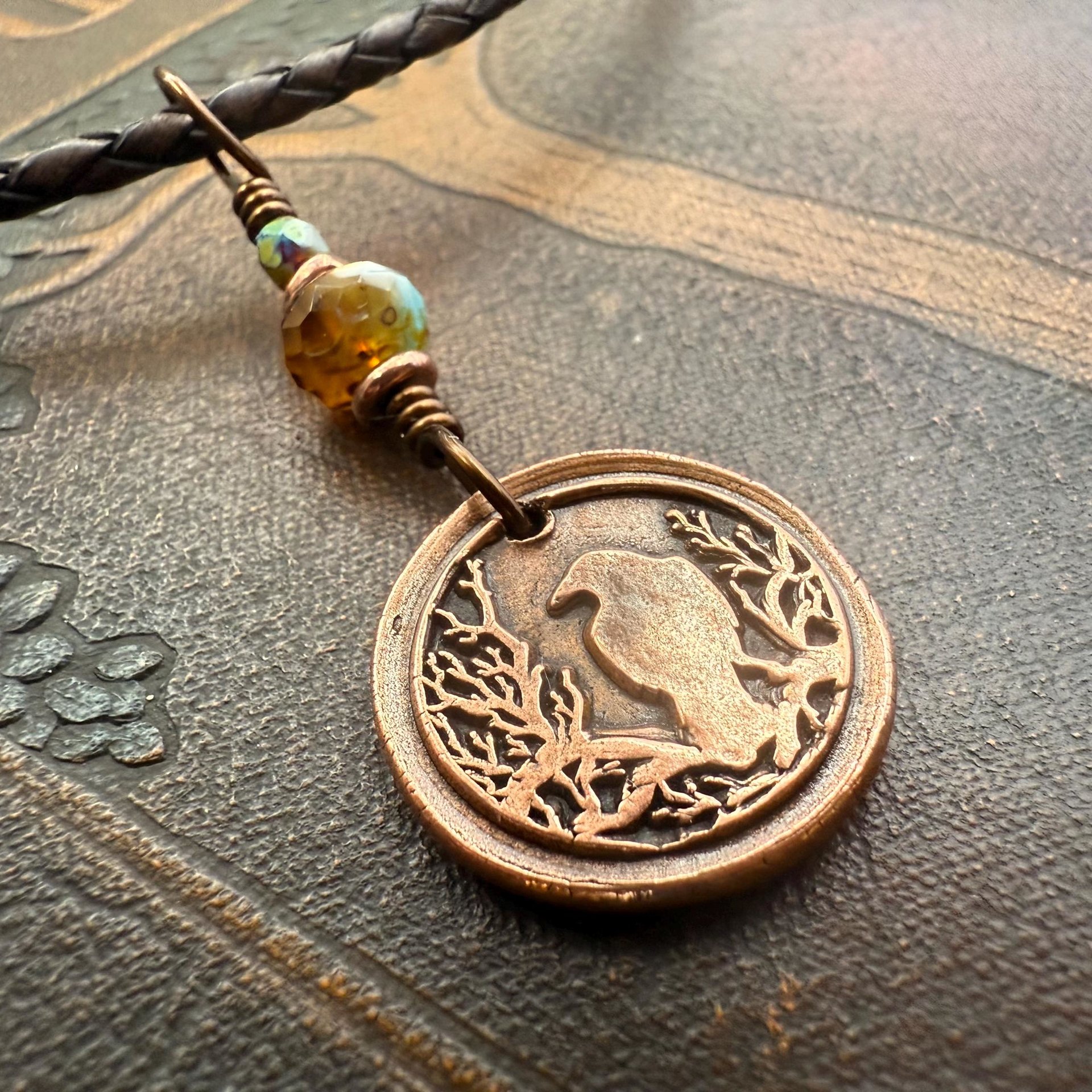 Copper Raven, Wax Seal Charm, Irish Celtic, Czech Glass, Leather & Vegan Cords, Crow Corvid, Handmade Art Jewelry, Celtic Witch, Messengers