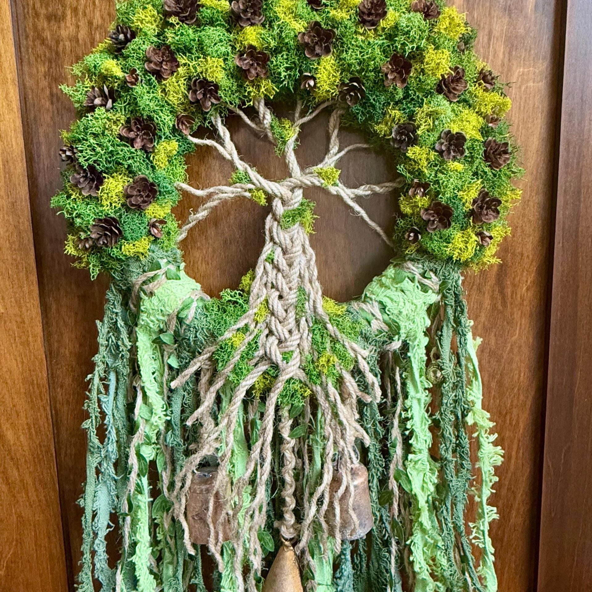 Tree of Life Witch Bells, 9 Inch Mossy Wreath, Spring Ostara Decor, Housewarming Gifts, Spirit Altar Bells, Earthy Pagan, MADE TO ORDER