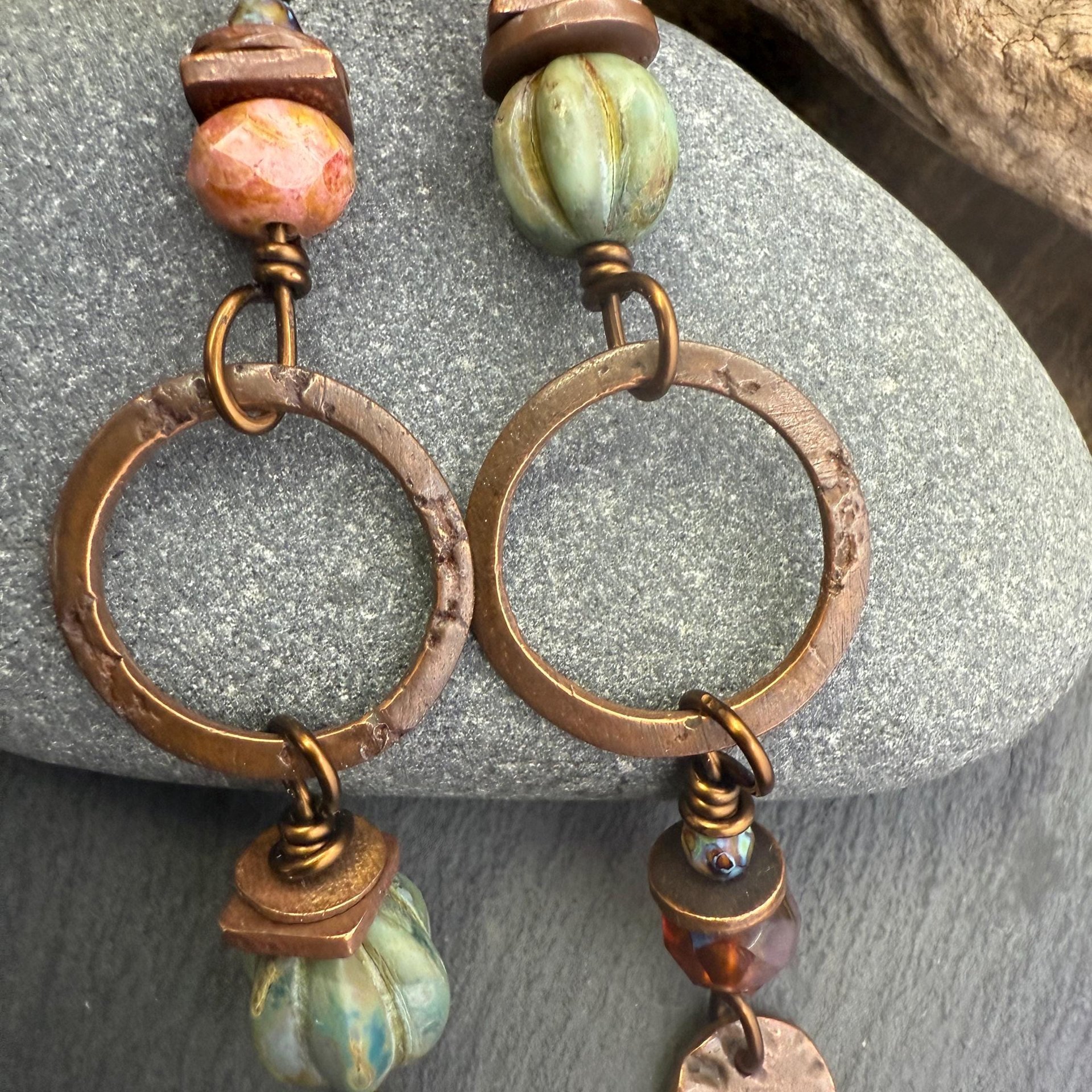 Copper Hoop Dangles, Long Earthy Earrings, Stacked Spacers, Czech Glass Beads, Hypoallergenic Ear Wires, Arty Mismatched Earrings, Handmade