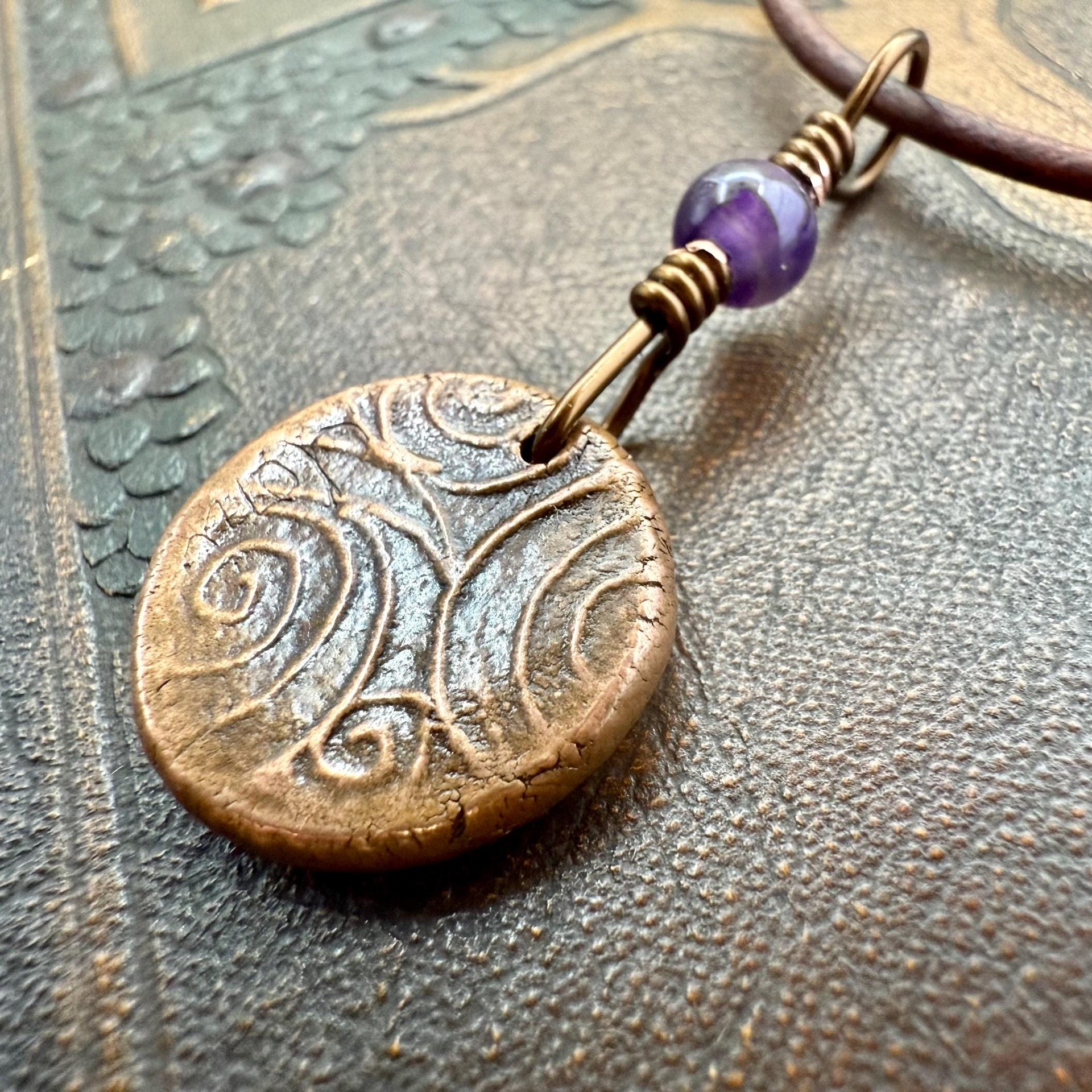 Thistle of Scotland, Copper Wax Seal Charm, Purple Amethyst, Leather & Vegan Cord, Highlander, Outlander, Scottish Gifts, Botanical Jewelry
