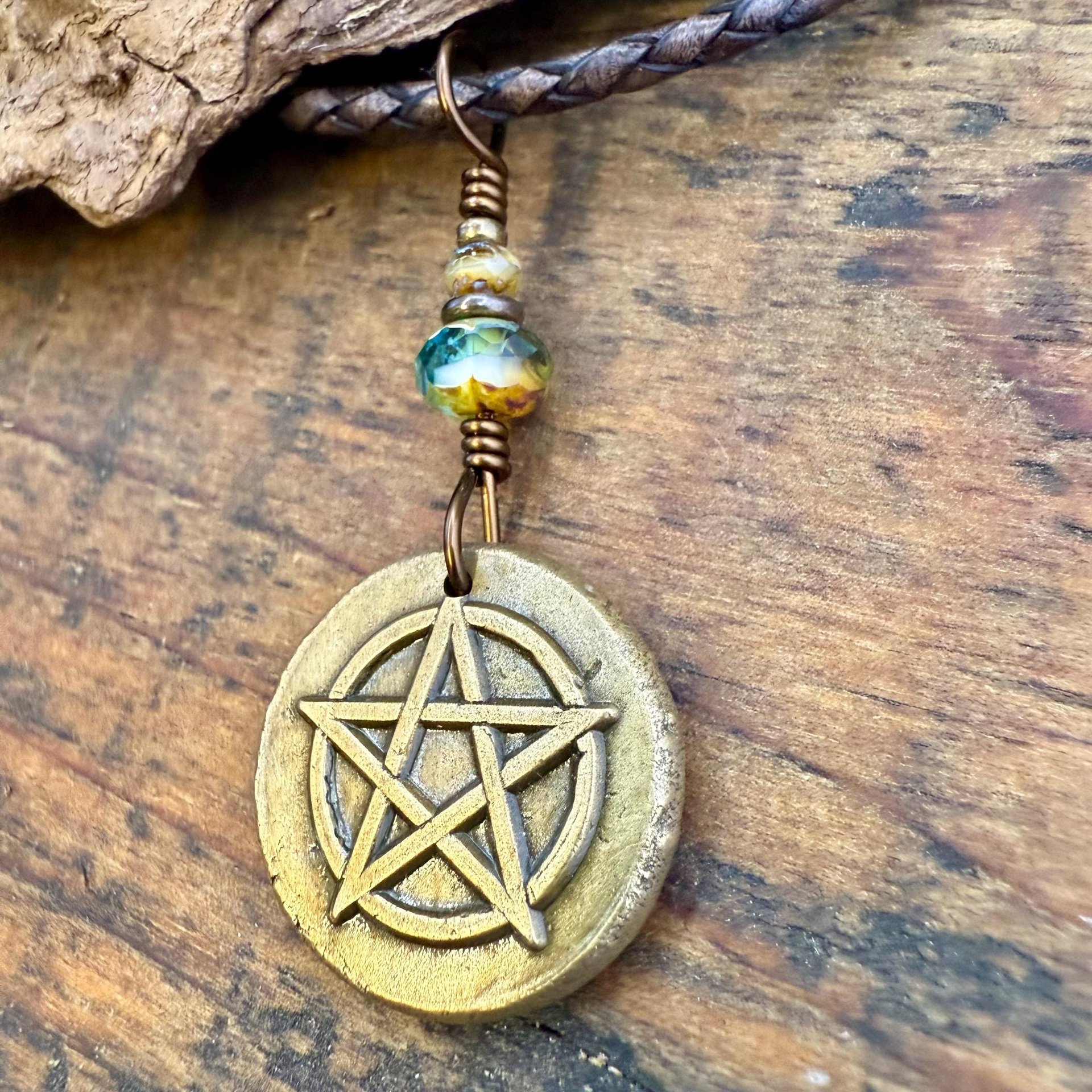 Pentagram Bronze Charm, Pentacle Pendant, Czech Glass Beads, Leather & Vegan Cords, Pagan Wicca, 5 Elements Star, Handmade, Witchy Things