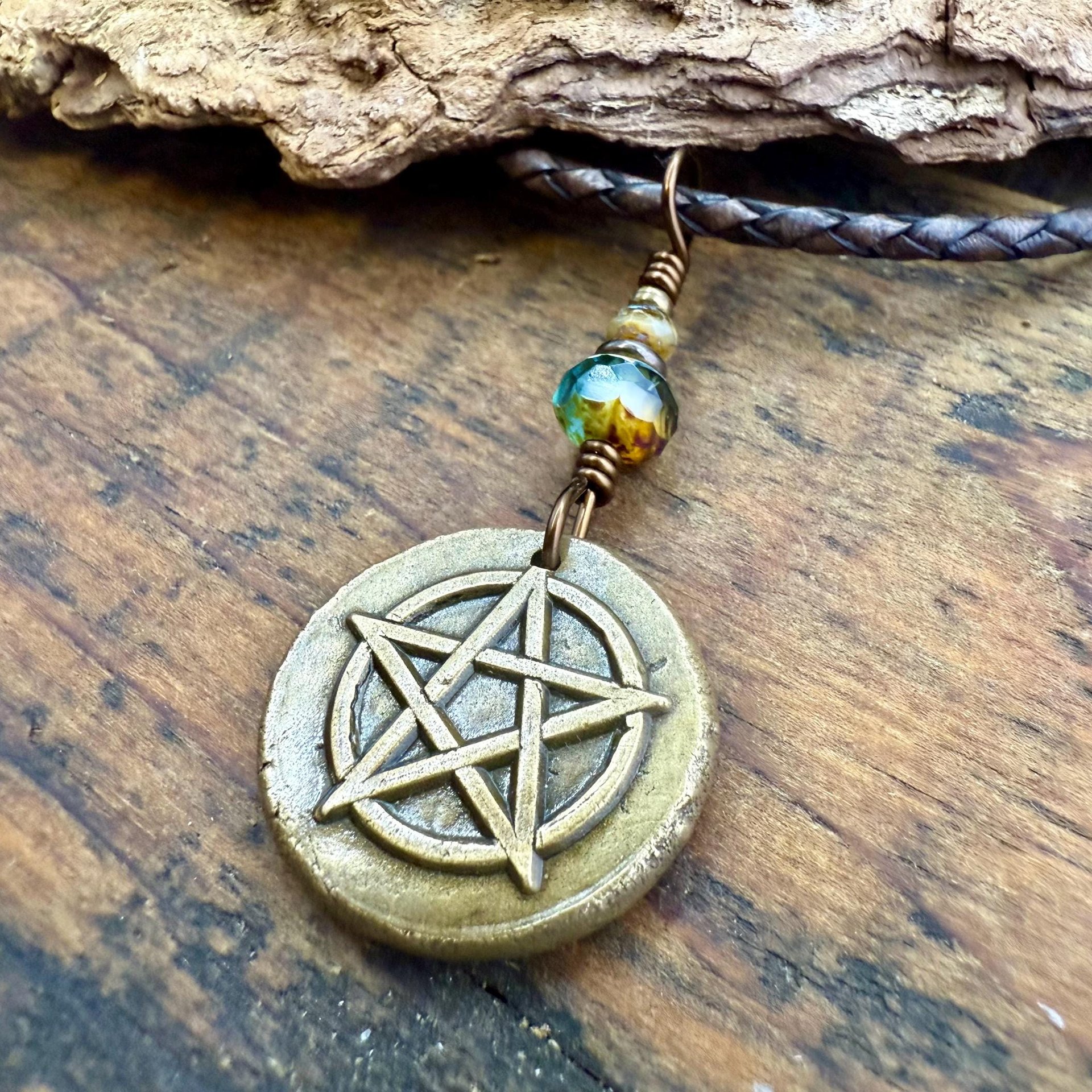 Pentagram Bronze Charm, Pentacle Pendant, Czech Glass Beads, Leather & Vegan Cords, Pagan Wicca, 5 Elements Star, Handmade, Witchy Things