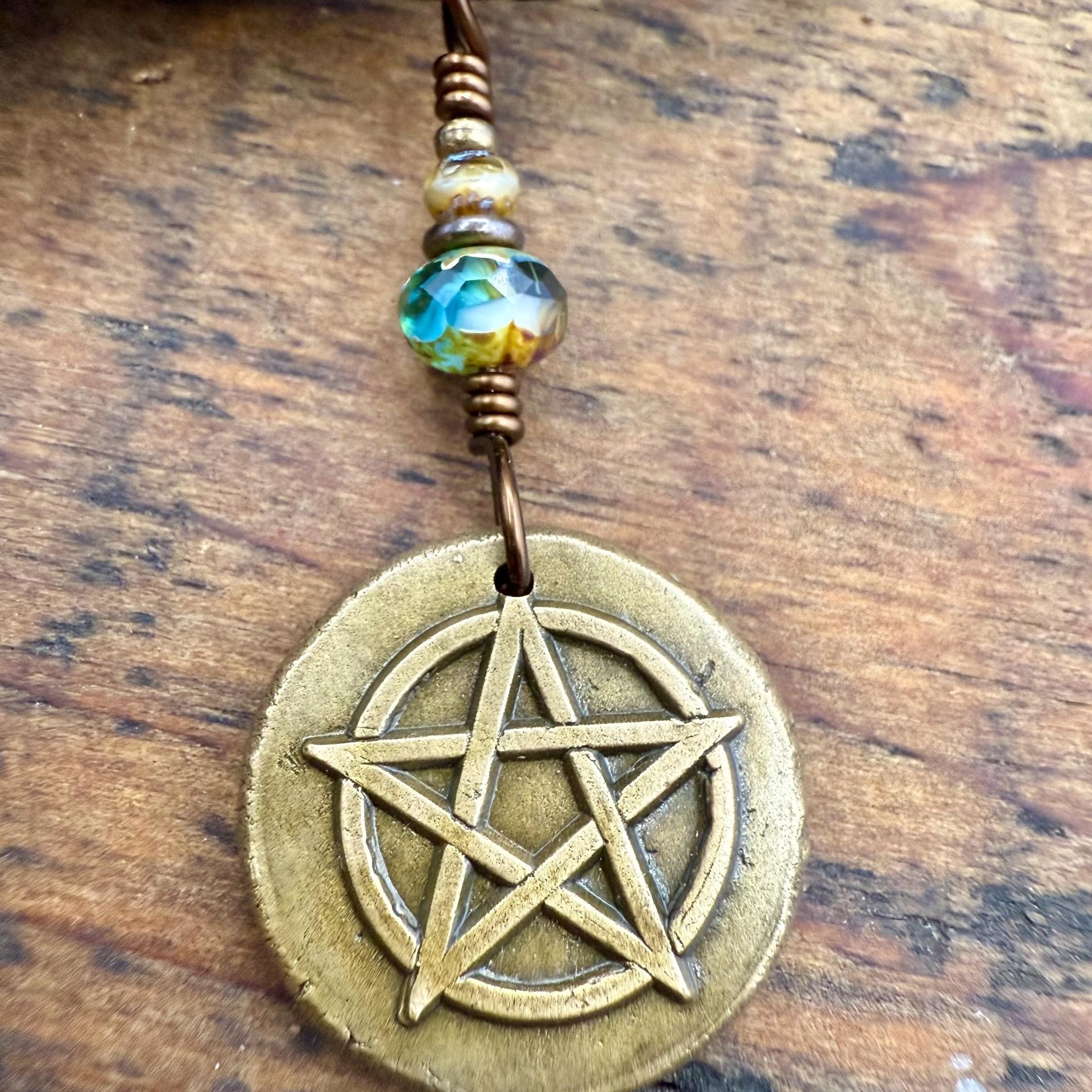 Pentagram Bronze Charm, Pentacle Pendant, Czech Glass Beads, Leather & Vegan Cords, Pagan Wicca, 5 Elements Star, Handmade, Witchy Things