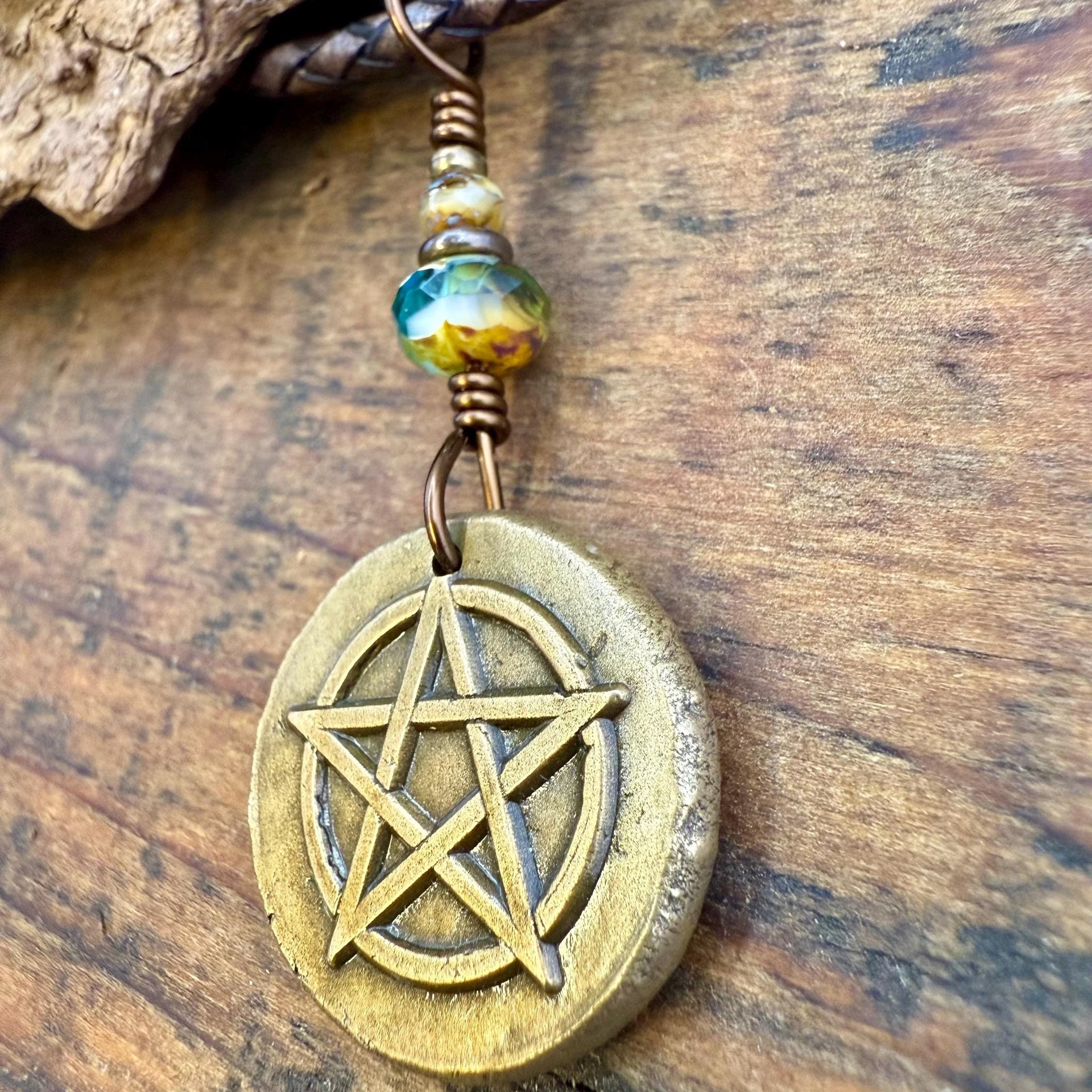 Pentagram Bronze Charm, Pentacle Pendant, Czech Glass Beads, Leather & Vegan Cords, Pagan Wicca, 5 Elements Star, Handmade, Witchy Things