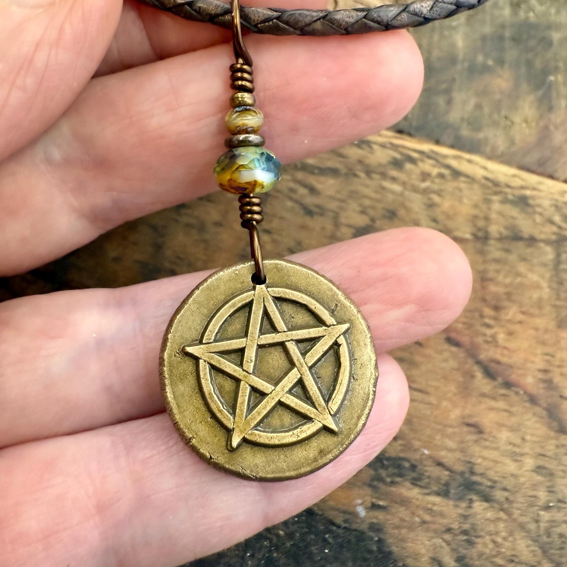 Pentagram Bronze Charm, Pentacle Pendant, Czech Glass Beads, Leather & Vegan Cords, Pagan Wicca, 5 Elements Star, Handmade, Witchy Things