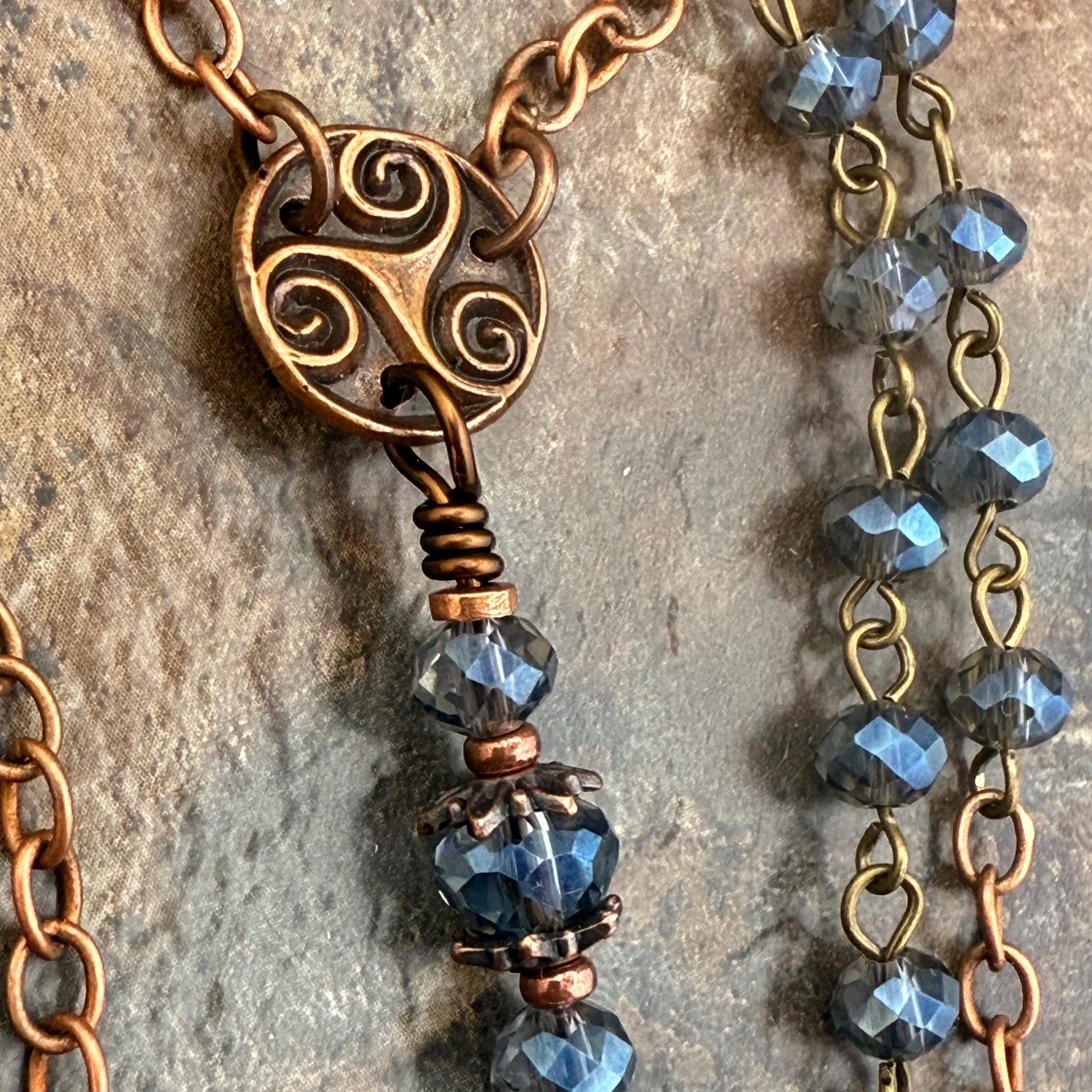 Crescent Moon & Triskele, Rosary Style Necklace, Copper, Blue Crystals, Tree Branches, Magical Moon, Triple Goddess, Witchy Pagan Art