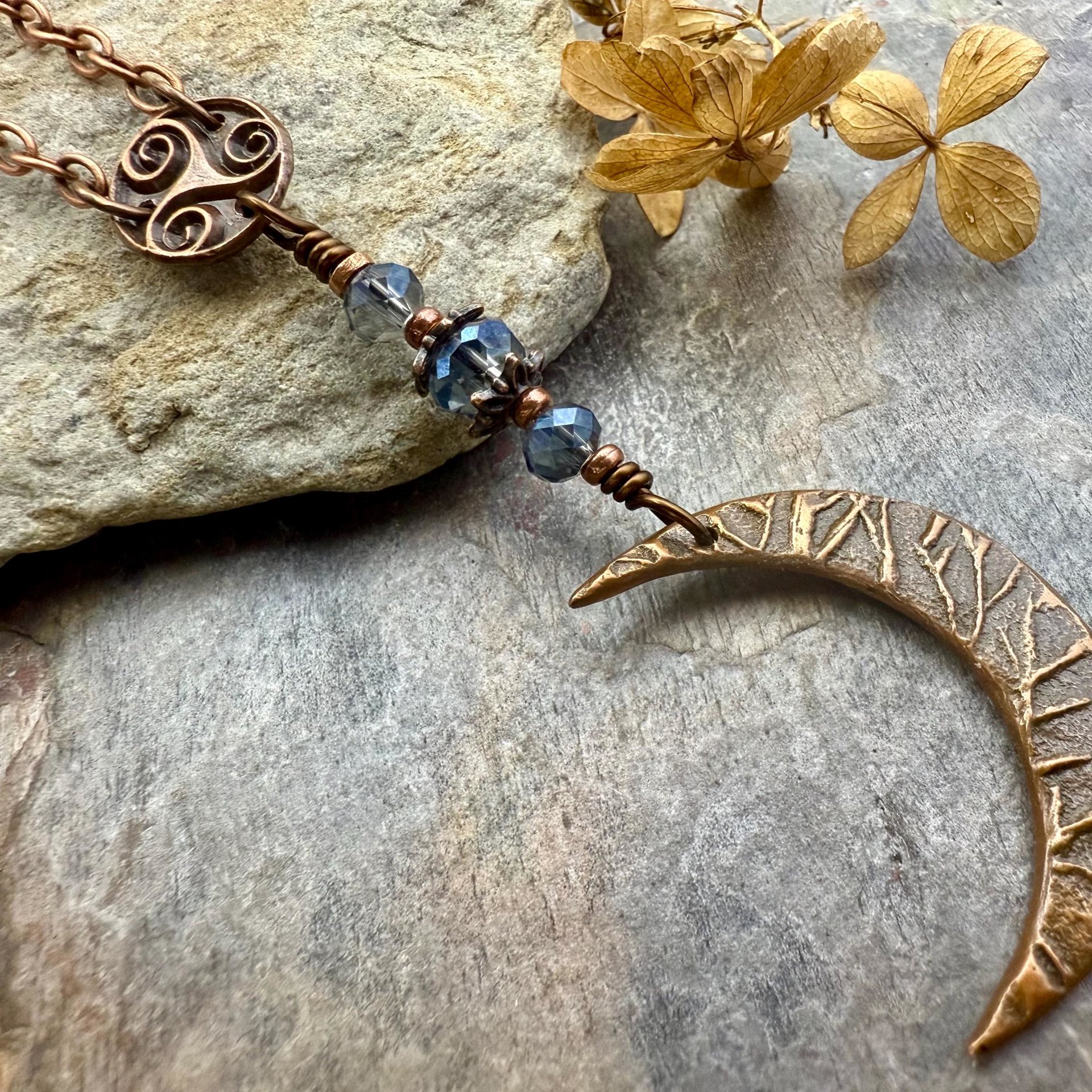 Crescent Moon & Triskele, Rosary Style Necklace, Copper, Blue Crystals, Tree Branches, Magical Moon, Triple Goddess, Witchy Pagan Art