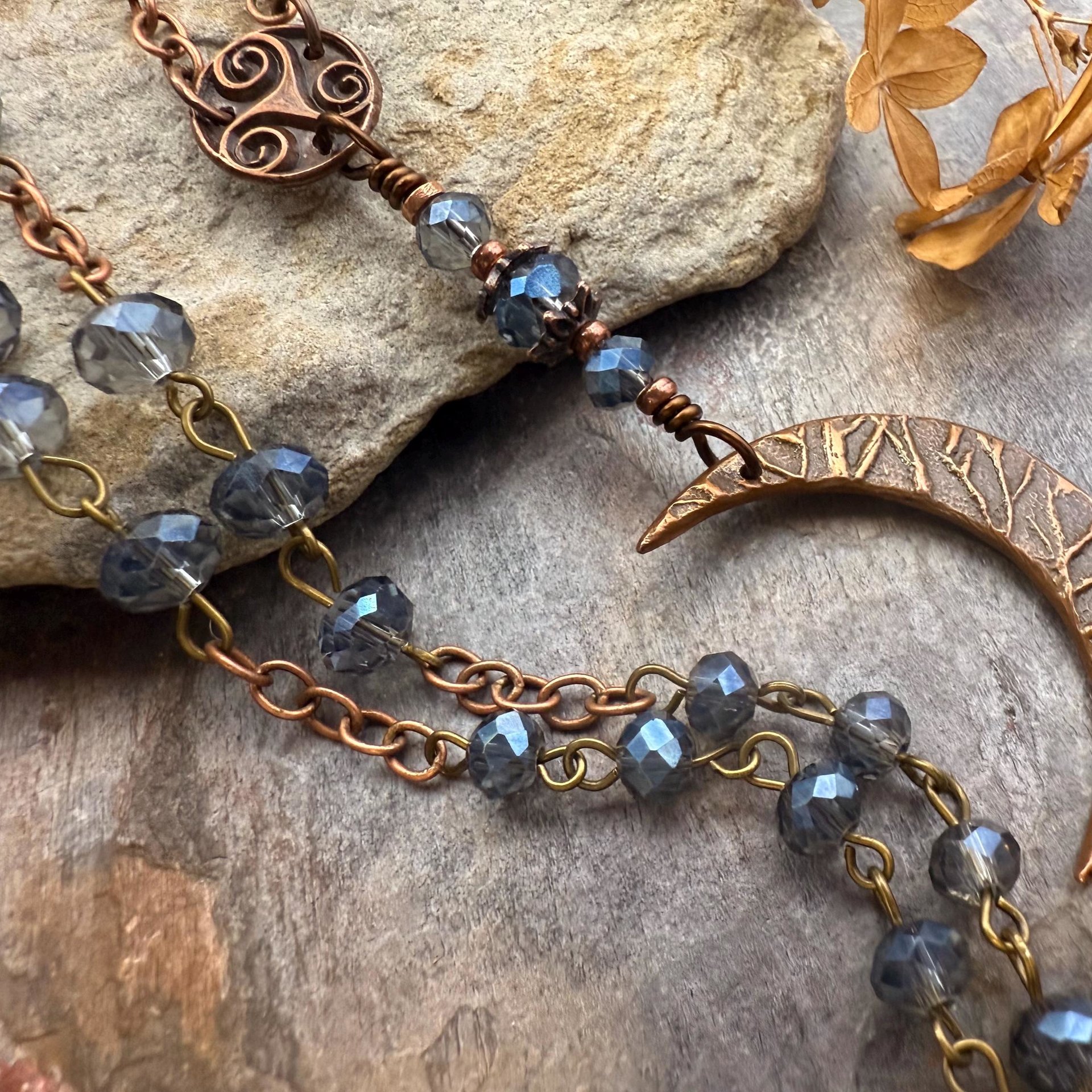 Crescent Moon & Triskele, Rosary Style Necklace, Copper, Blue Crystals, Tree Branches, Magical Moon, Triple Goddess, Witchy Pagan Art
