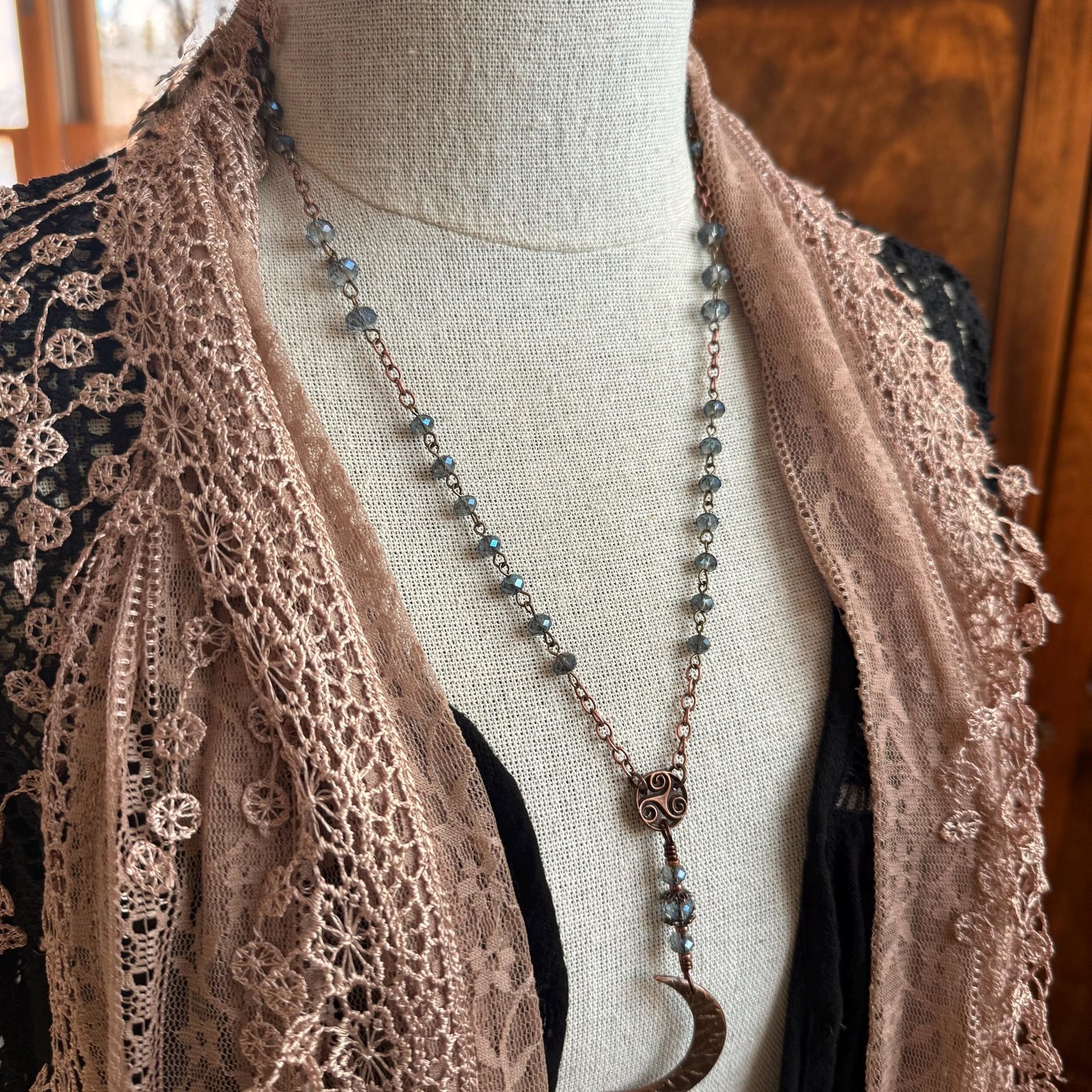 Crescent Moon & Triskele, Rosary Style Necklace, Copper, Blue Crystals, Tree Branches, Magical Moon, Triple Goddess, Witchy Pagan Art