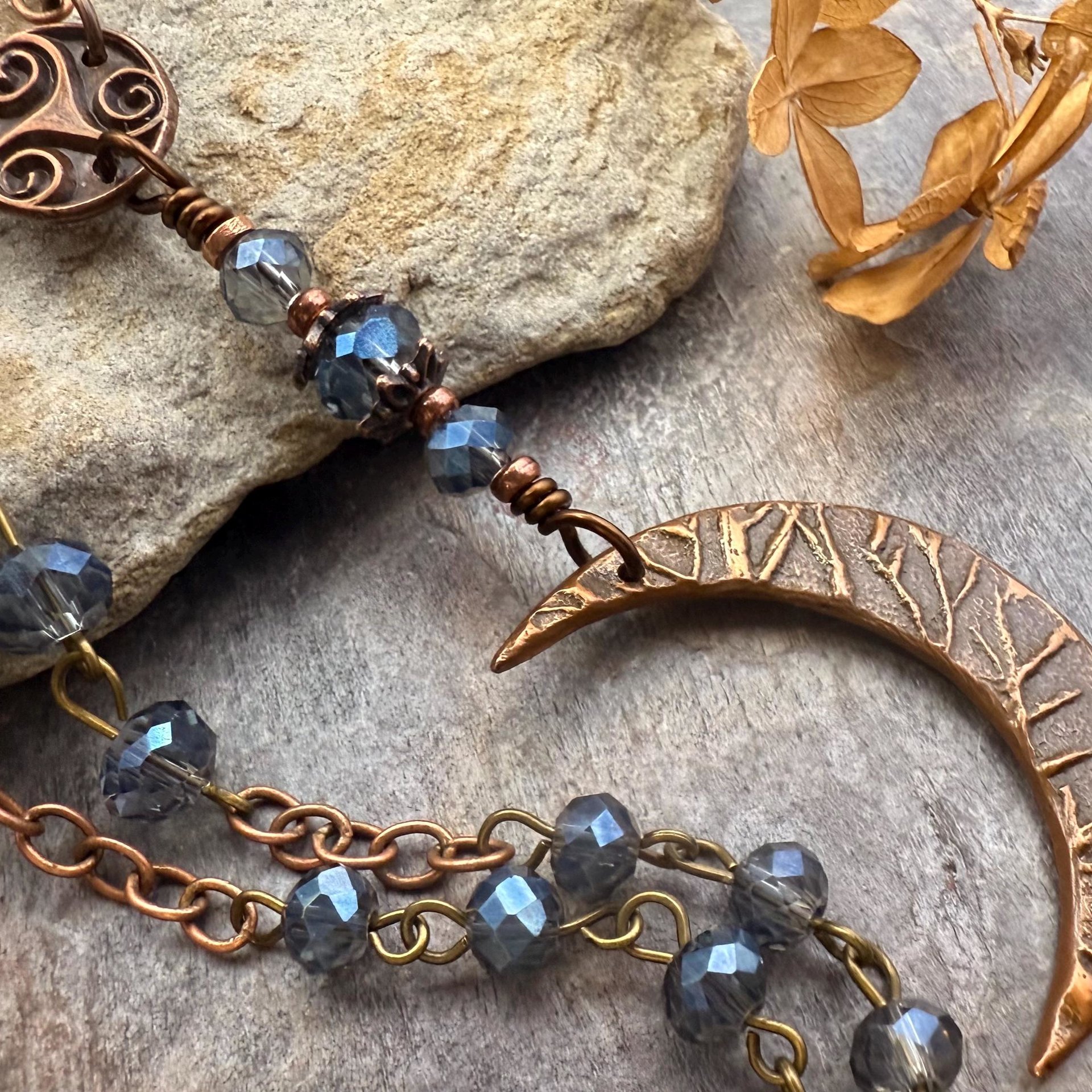 Crescent Moon & Triskele, Rosary Style Necklace, Copper, Blue Crystals, Tree Branches, Magical Moon, Triple Goddess, Witchy Pagan Art