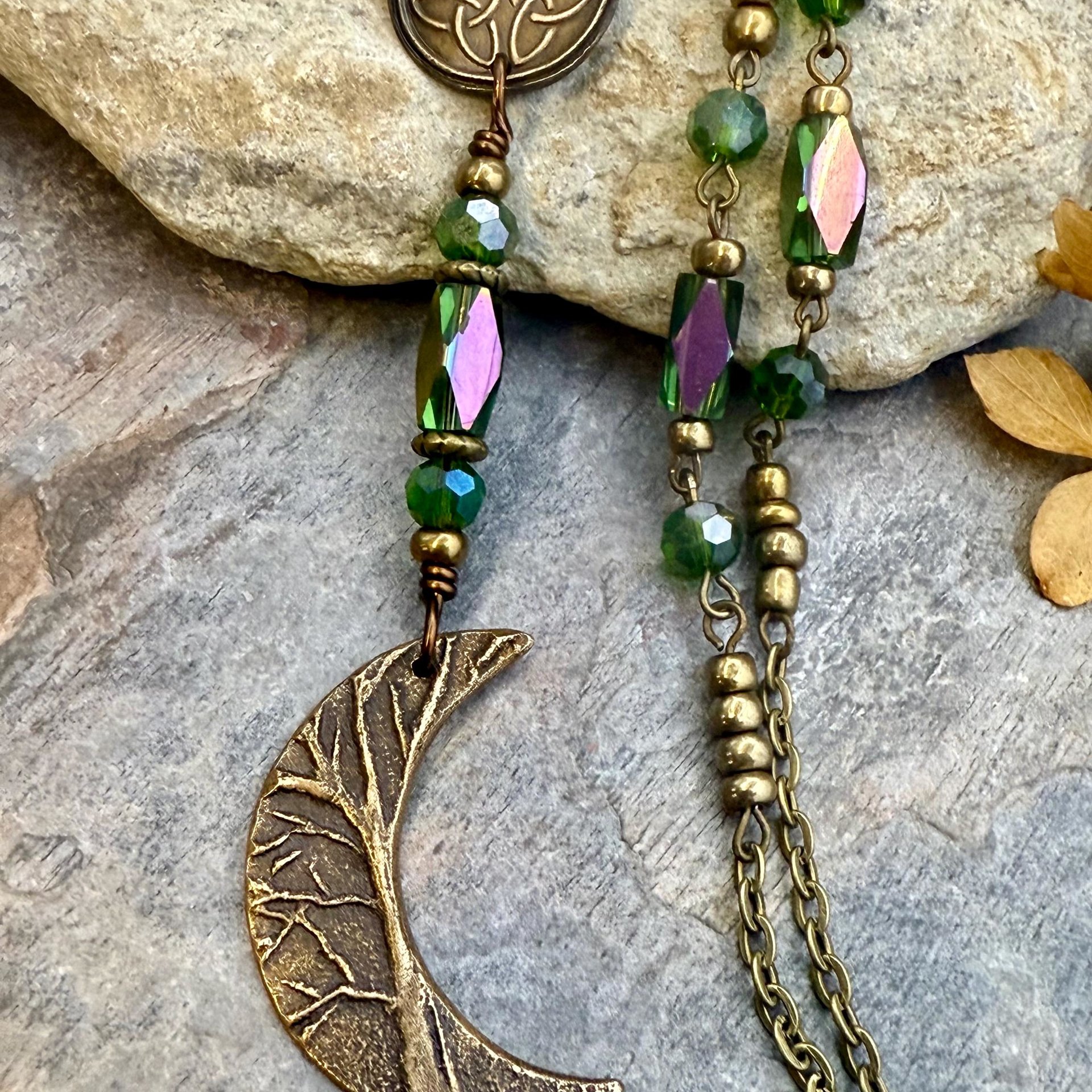 Crescent Moon & Celtic Knot, Bronze Rosary Style Necklace, Tree Branches, Magical Moon, Green Iridescent Crystals, Witchy Pagan Art Jewelry