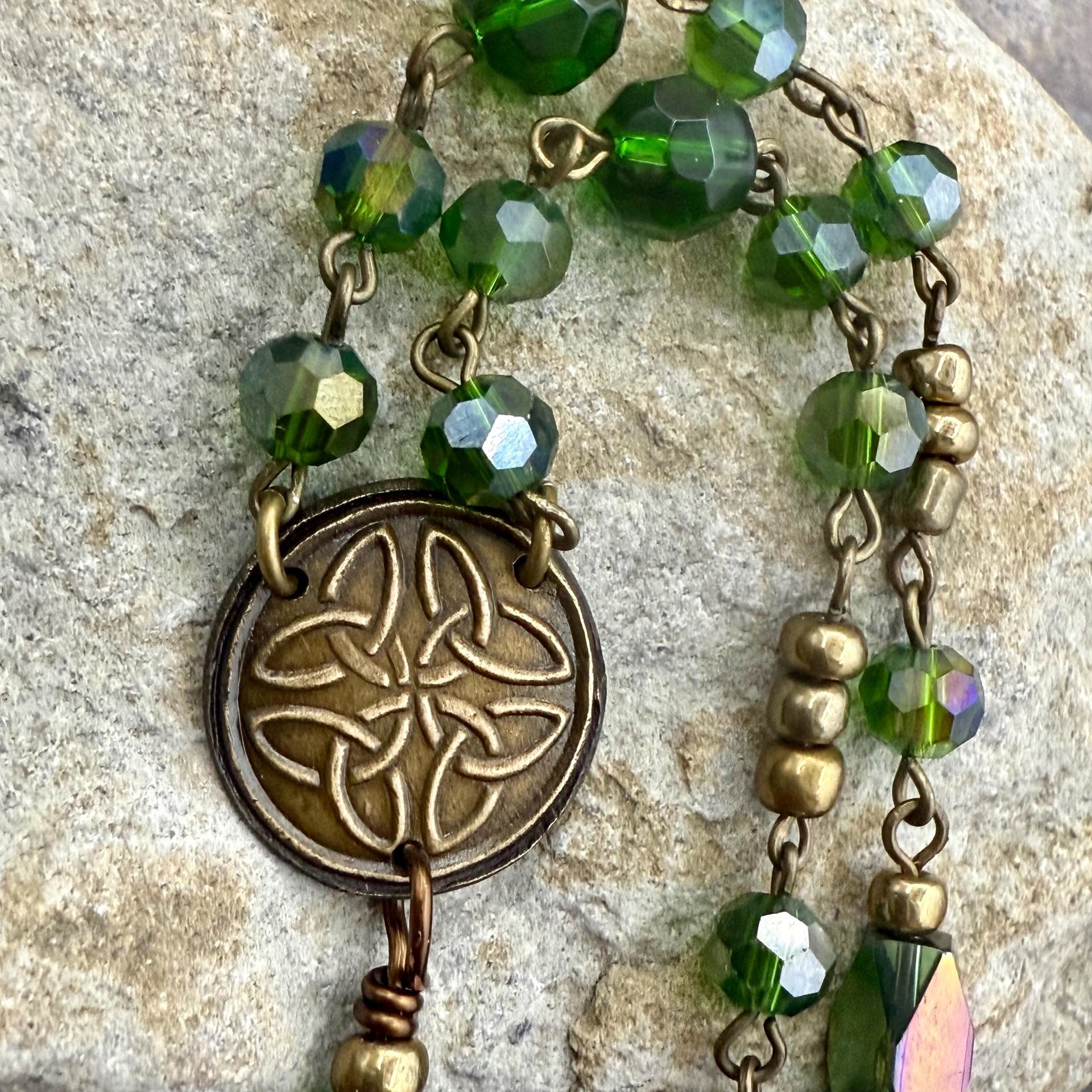 Crescent Moon & Celtic Knot, Bronze Rosary Style Necklace, Tree Branches, Magical Moon, Green Iridescent Crystals, Witchy Pagan Art Jewelry