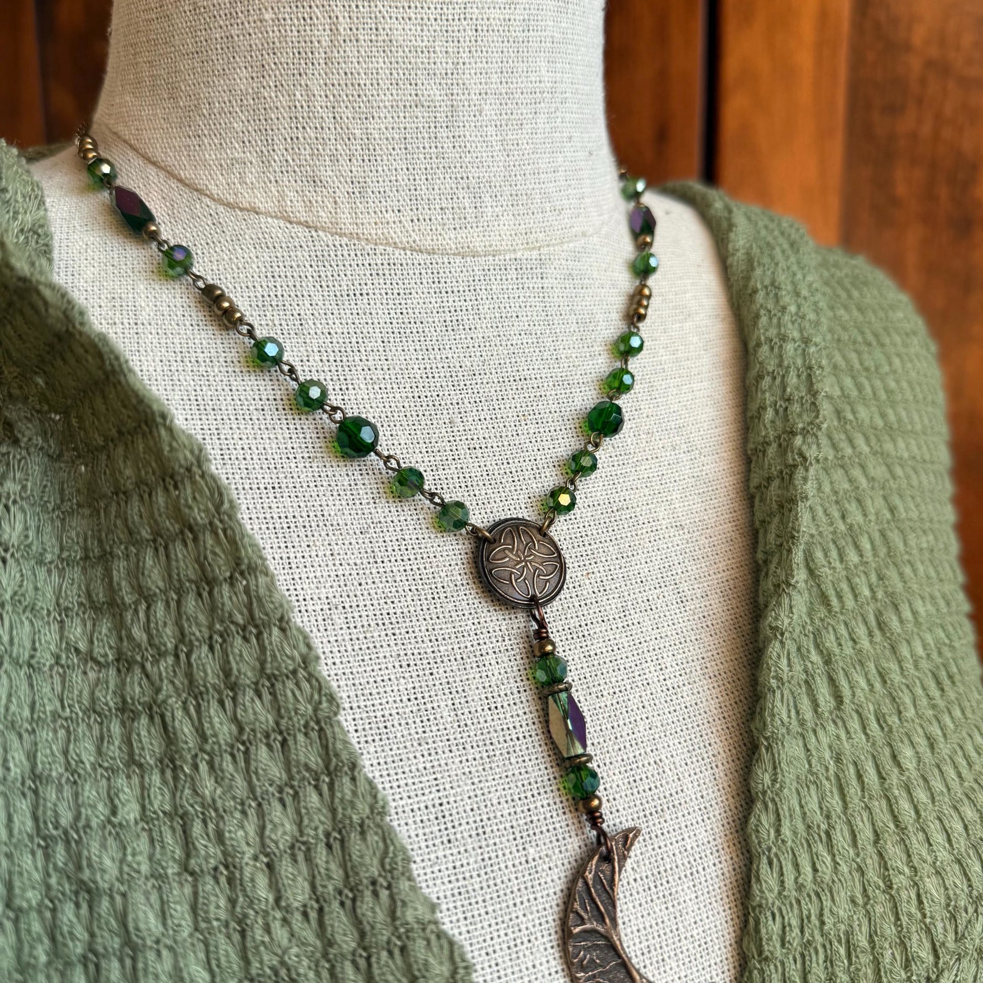 Crescent Moon & Celtic Knot, Bronze Rosary Style Necklace, Tree Branches, Magical Moon, Green Iridescent Crystals, Witchy Pagan Art Jewelry