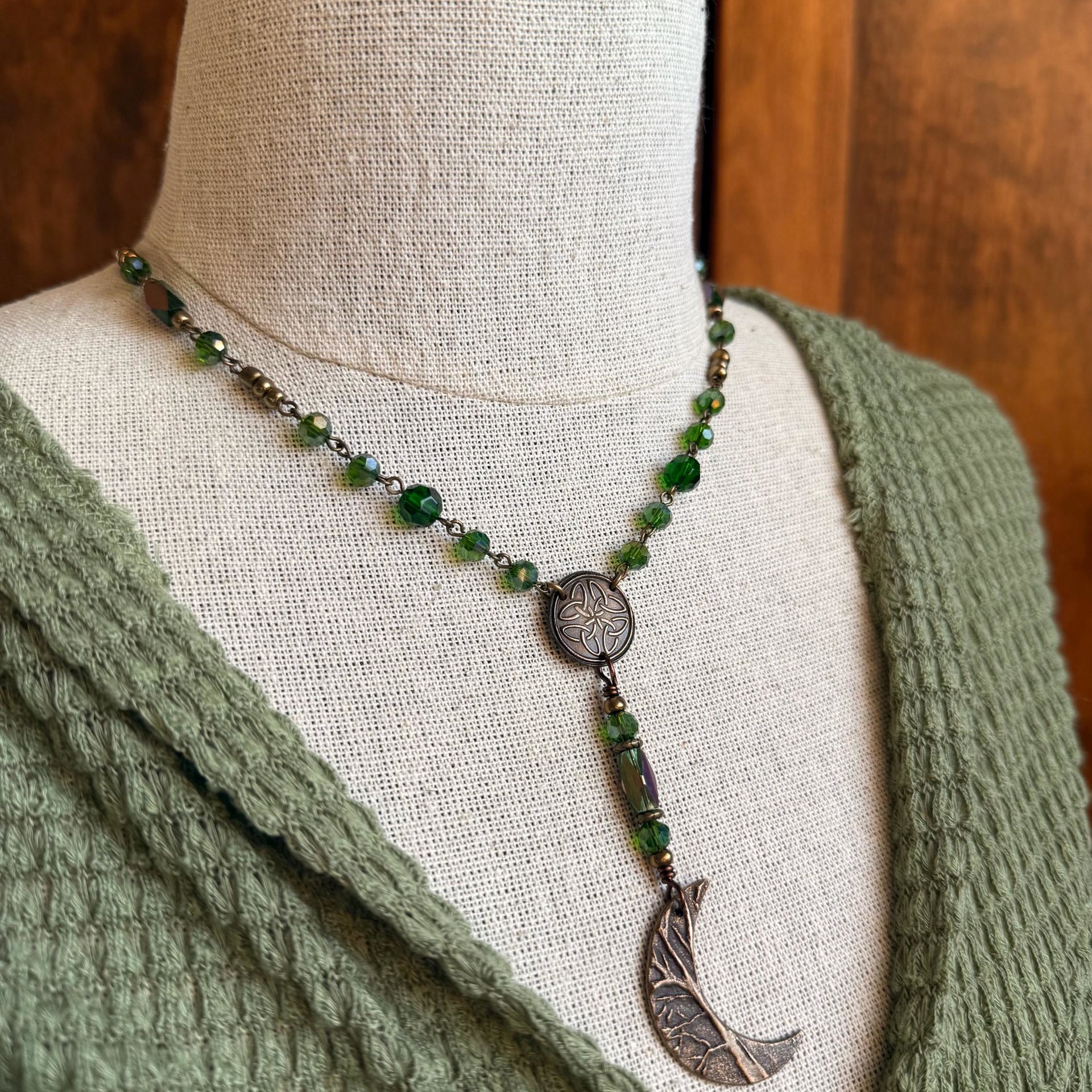 Crescent Moon & Celtic Knot, Bronze Rosary Style Necklace, Tree Branches, Magical Moon, Green Iridescent Crystals, Witchy Pagan Art Jewelry