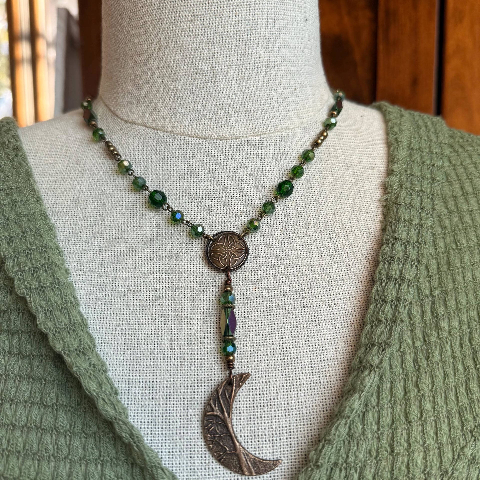 Crescent Moon & Celtic Knot, Bronze Rosary Style Necklace, Tree Branches, Magical Moon, Green Iridescent Crystals, Witchy Pagan Art Jewelry