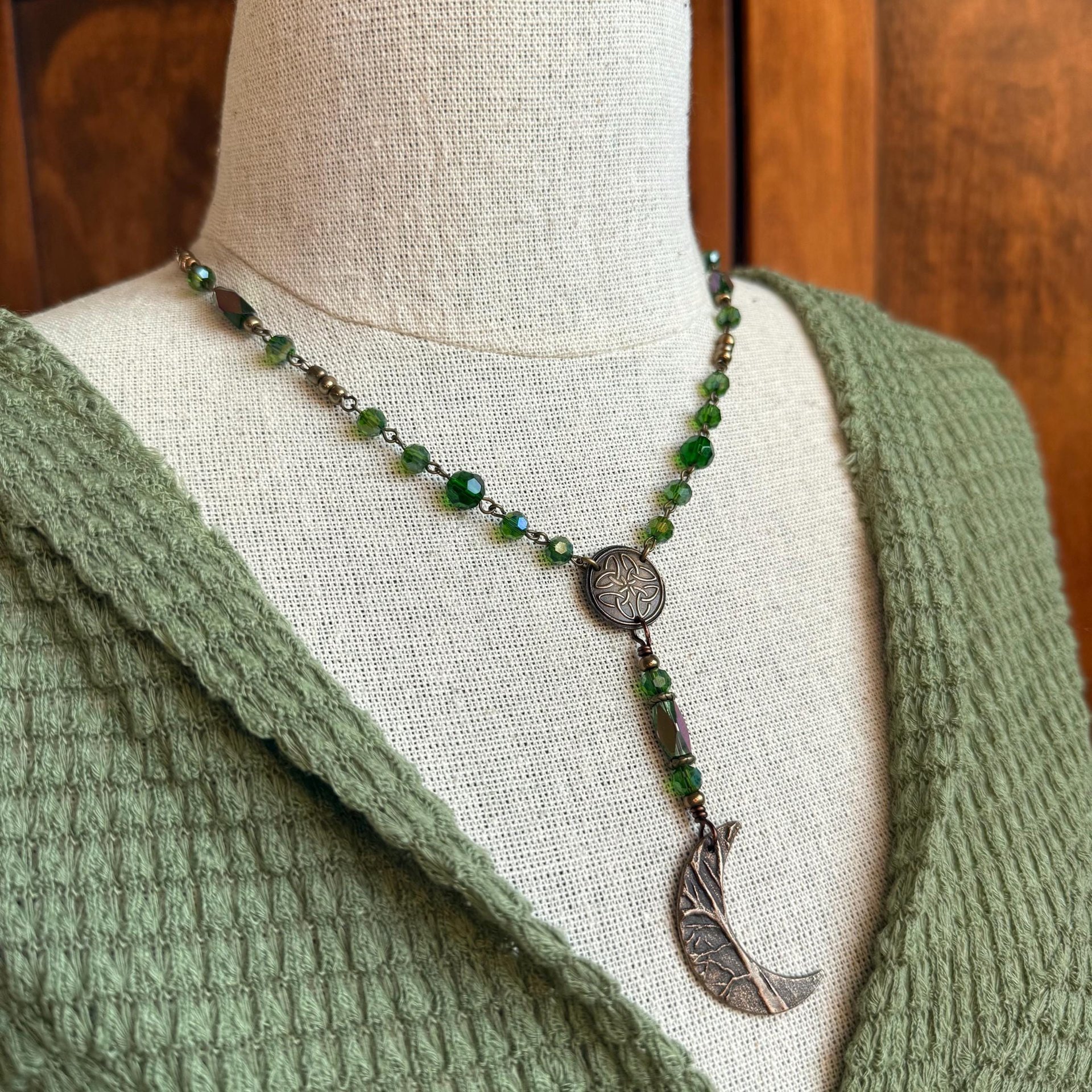 Crescent Moon & Celtic Knot, Bronze Rosary Style Necklace, Tree Branches, Magical Moon, Green Iridescent Crystals, Witchy Pagan Art Jewelry