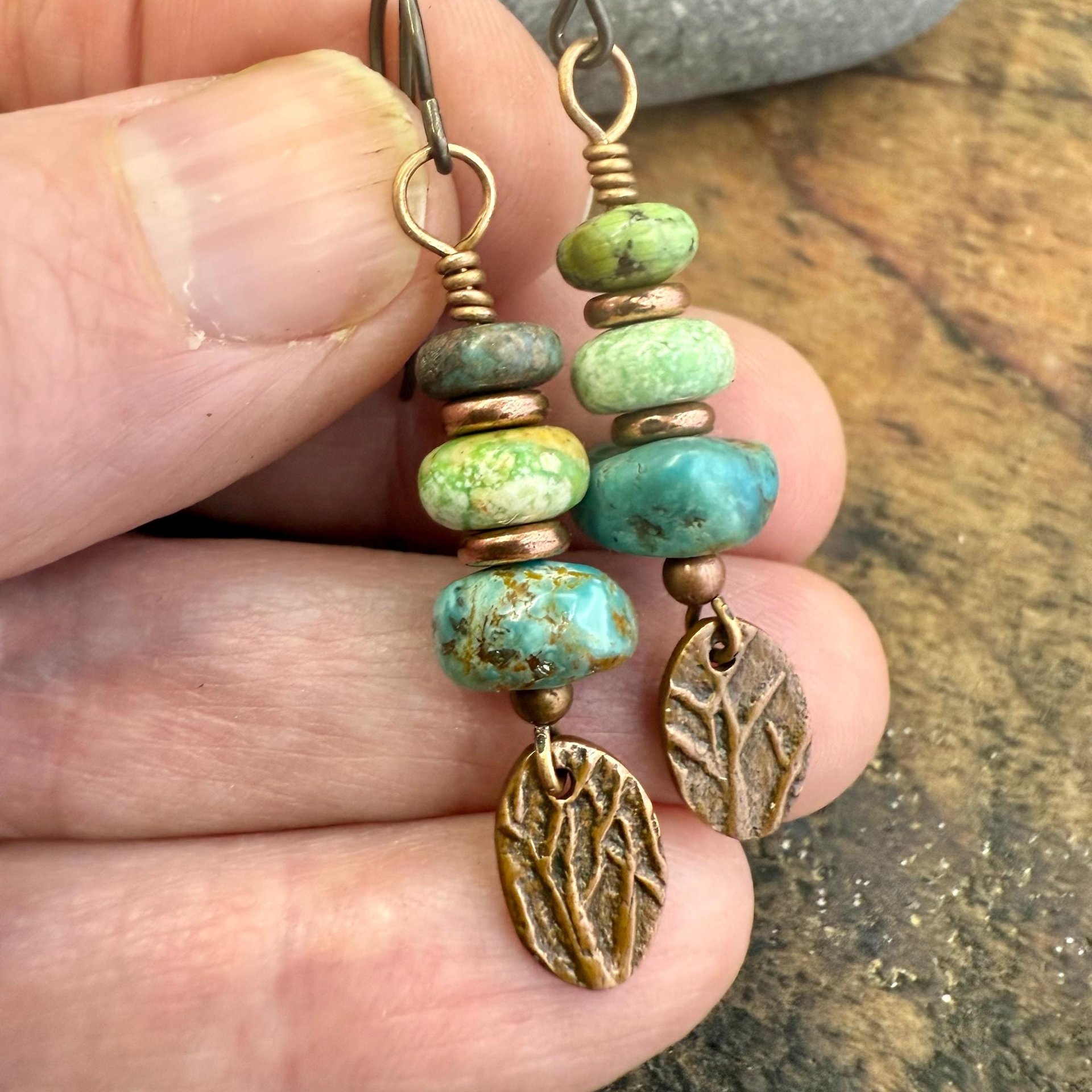Copper Tree Branch Drop Earrings, Stacked Turquoise Beads, Cairn Stones, Summer Boho Style, Light Everyday, Hypoallergenic Ear Wires, Witchy