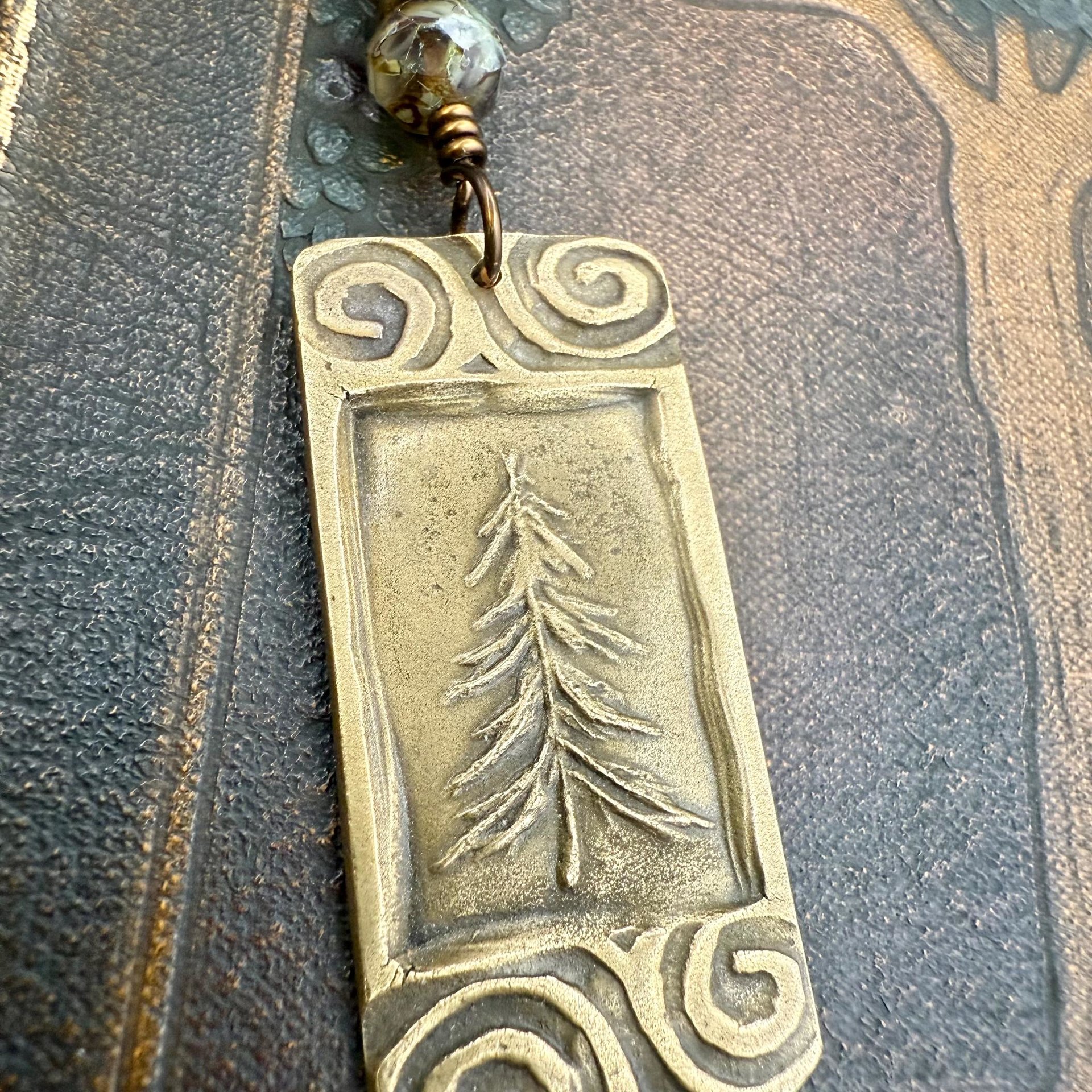 Pine Tree, Bronze Pendant, Celtic Spirals, Czech Glass Beads, Evergreen Trees, Earthy Rustic Art Jewelry, Hand Carved, Tree of Life, Pagan