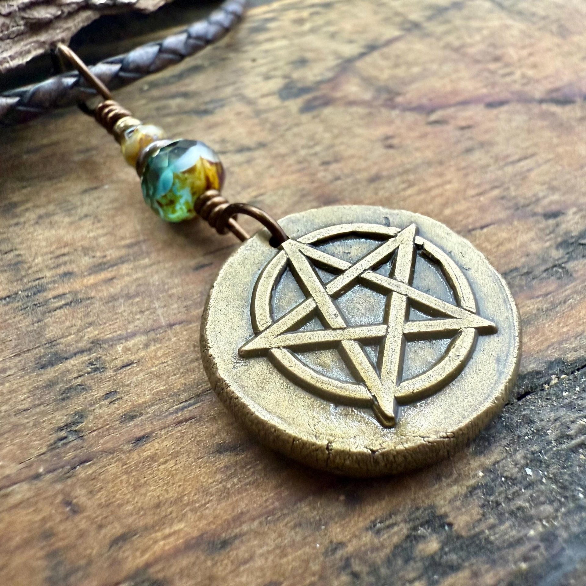 Pentagram Bronze Charm, Pentacle Pendant, Czech Glass Beads, Leather & Vegan Cords, Pagan Wicca, 5 Elements Star, Handmade, Witchy Things