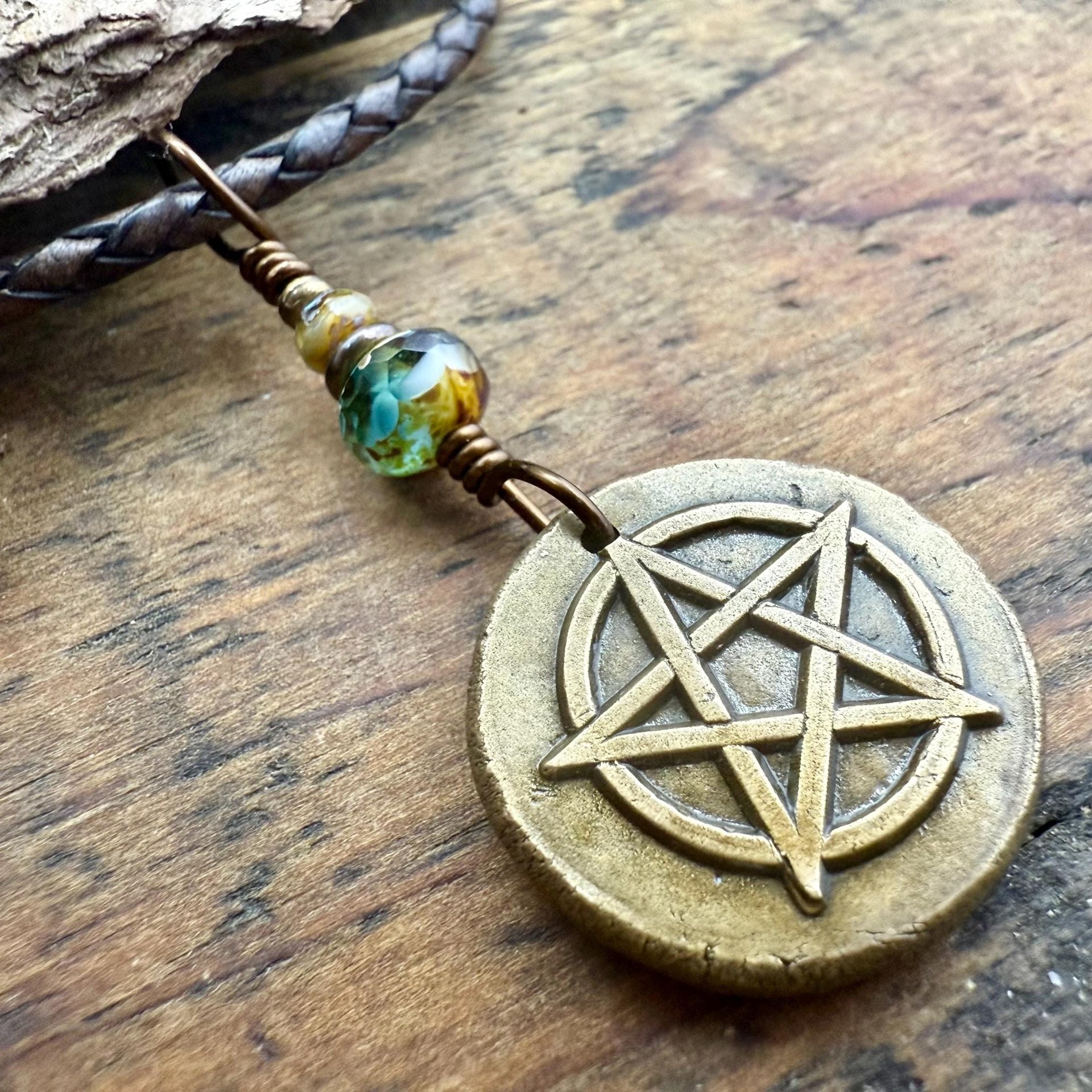 Pentagram Bronze Charm, Pentacle Pendant, Czech Glass Beads, Leather & Vegan Cords, Pagan Wicca, 5 Elements Star, Handmade, Witchy Things