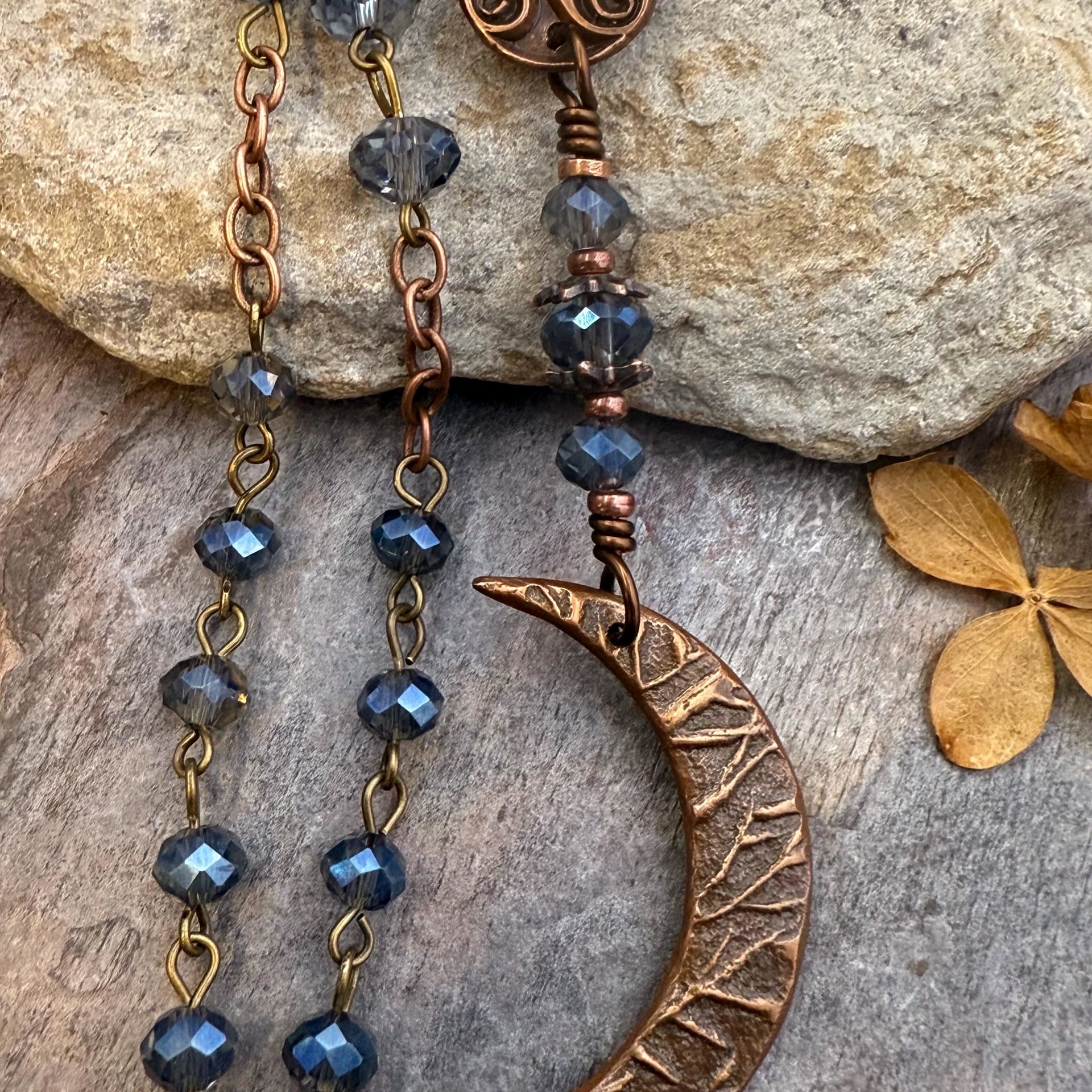 Crescent Moon & Triskele, Rosary Style Necklace, Copper, Blue Crystals, Tree Branches, Magical Moon, Triple Goddess, Witchy Pagan Art