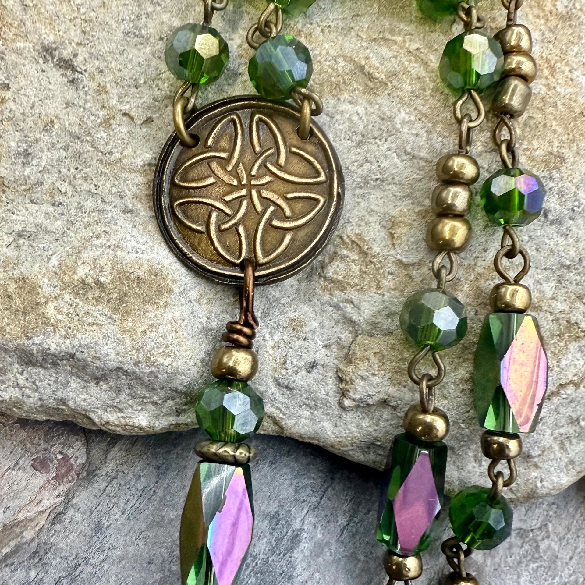 Crescent Moon & Celtic Knot, Bronze Rosary Style Necklace, Tree Branches, Magical Moon, Green Iridescent Crystals, Witchy Pagan Art Jewelry