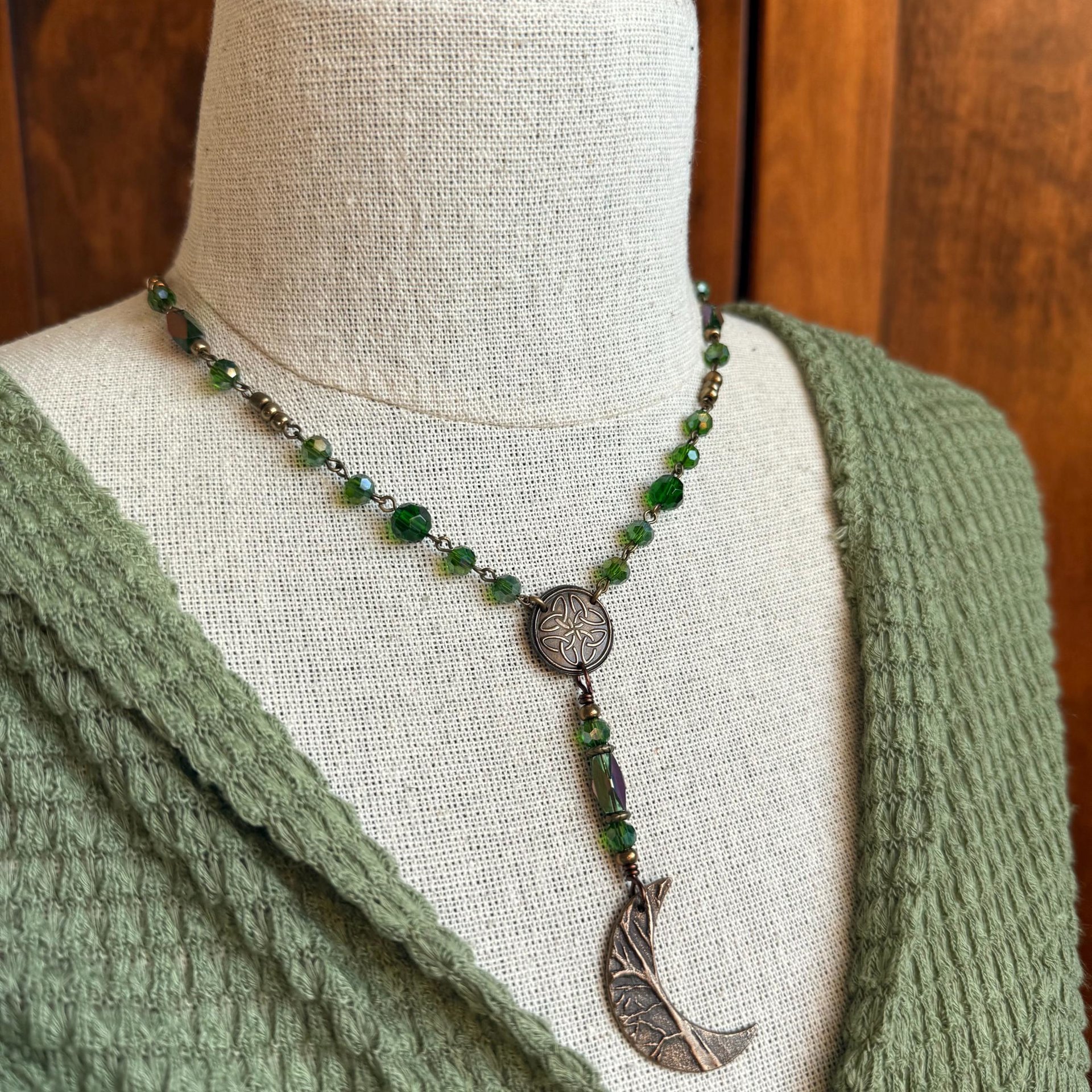 Crescent Moon & Celtic Knot, Bronze Rosary Style Necklace, Tree Branches, Magical Moon, Green Iridescent Crystals, Witchy Pagan Art Jewelry