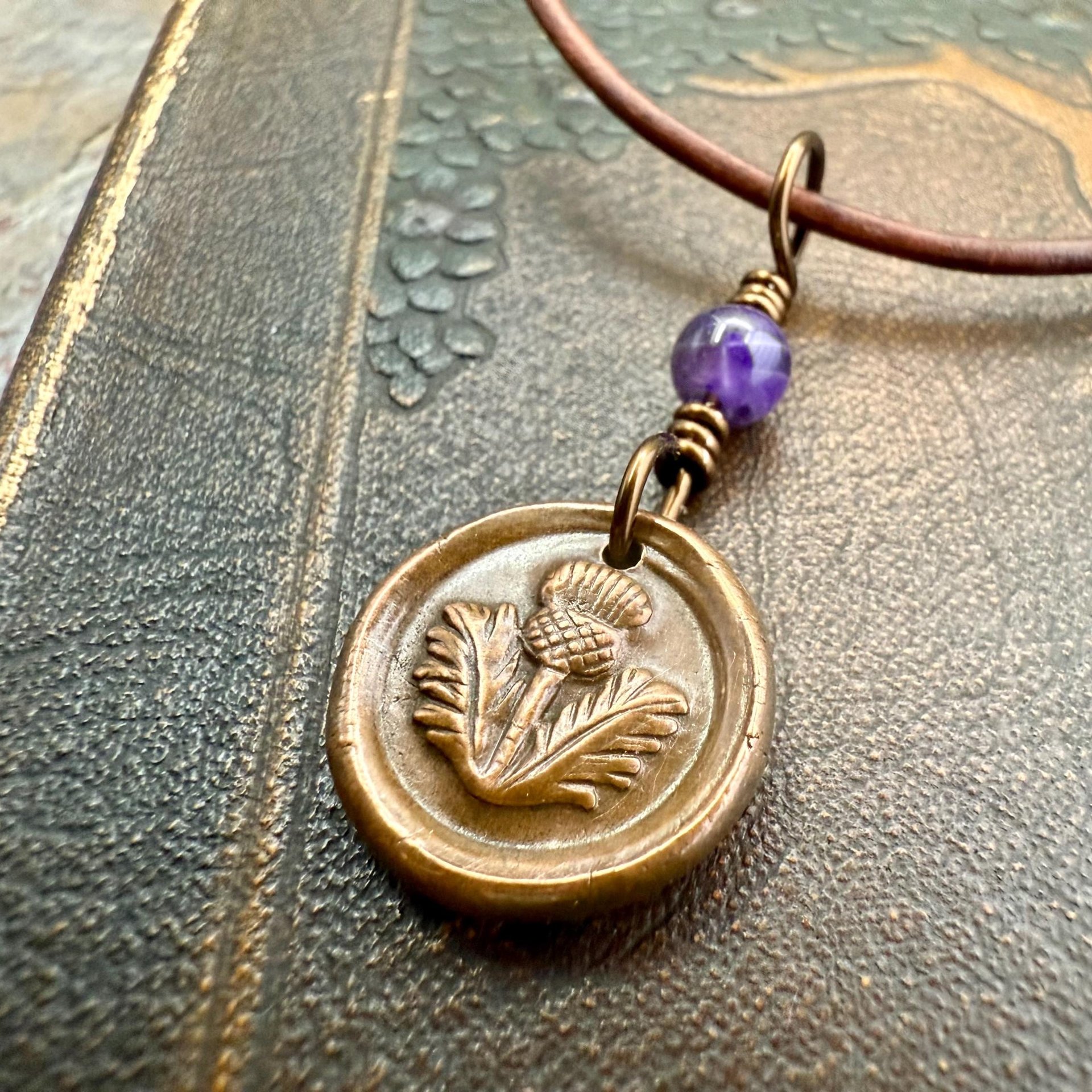 Thistle of Scotland, Copper Wax Seal Charm, Purple Amethyst, Leather & Vegan Cord, Highlander, Outlander, Scottish Gifts, Botanical Jewelry