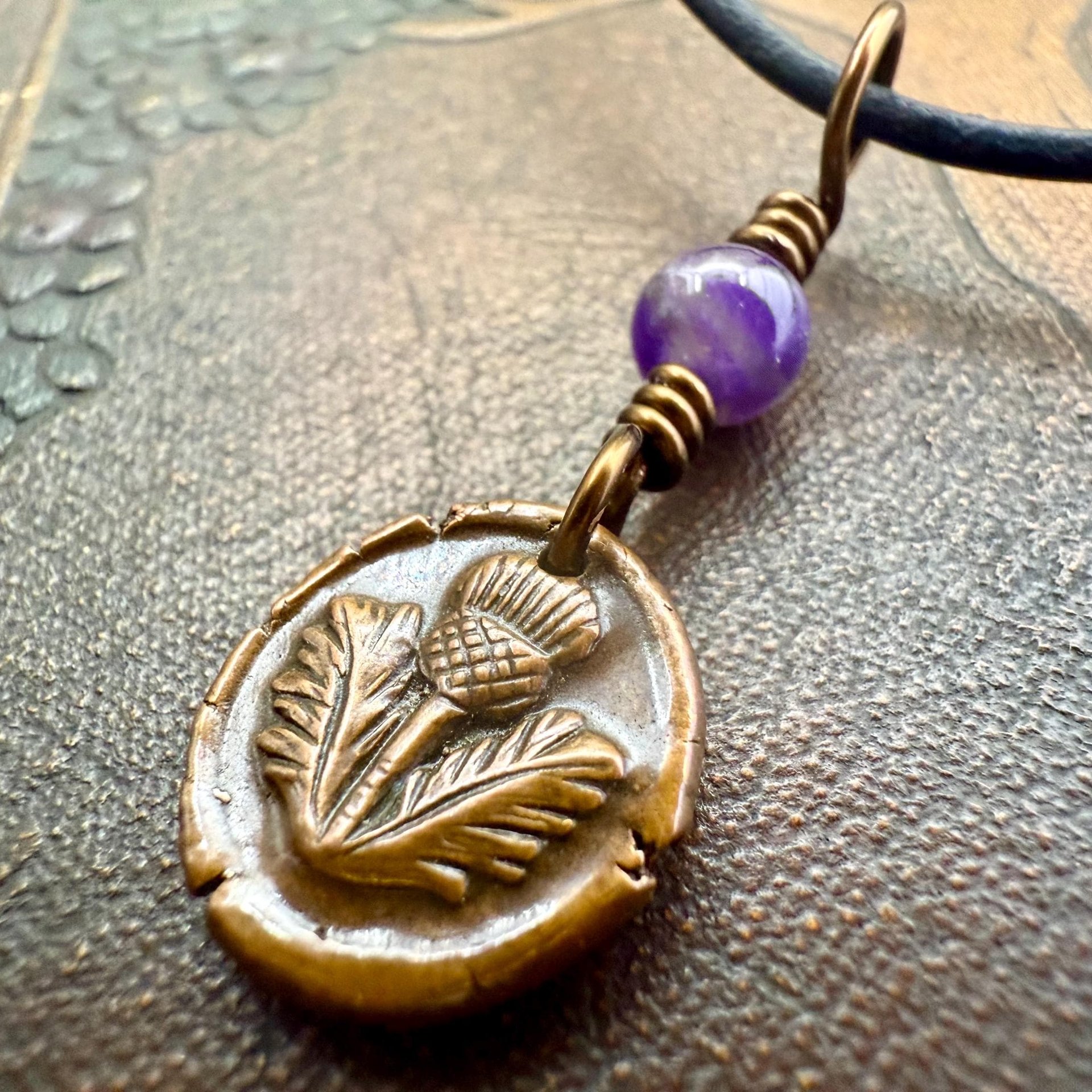 Thistle of Scotland, Copper Wax Seal Charm, Purple Amethyst, Leather & Vegan Cord, Highlander, Outlander, Scottish Gifts, Botanical Jewelry