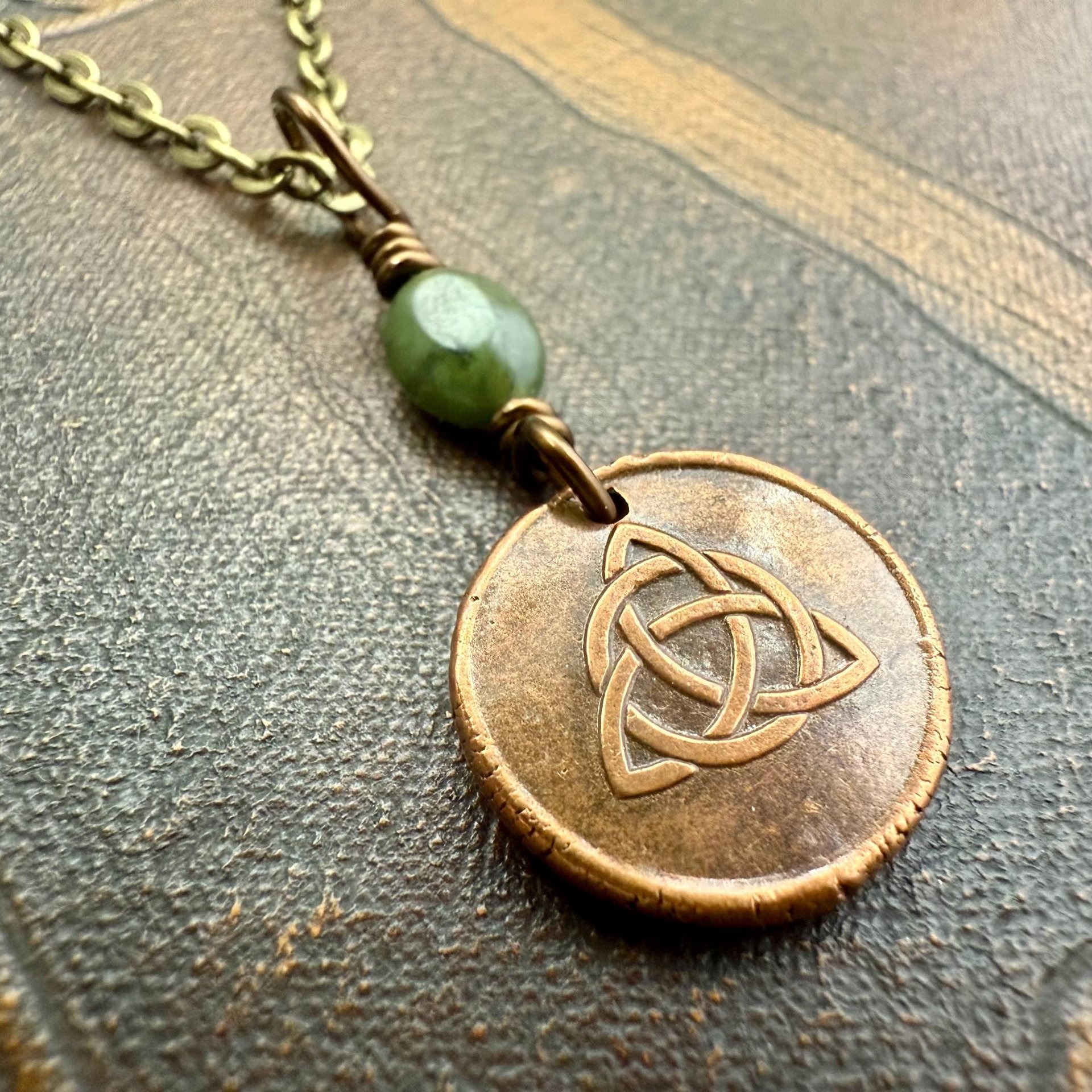 Copper Trinity Knot, Triquetra, Wax Seal Charm, Connemara Marble, Irish Celtic Jewelry, Pagan, 7th Anniversary, Triple Goddess, Celtic Witch