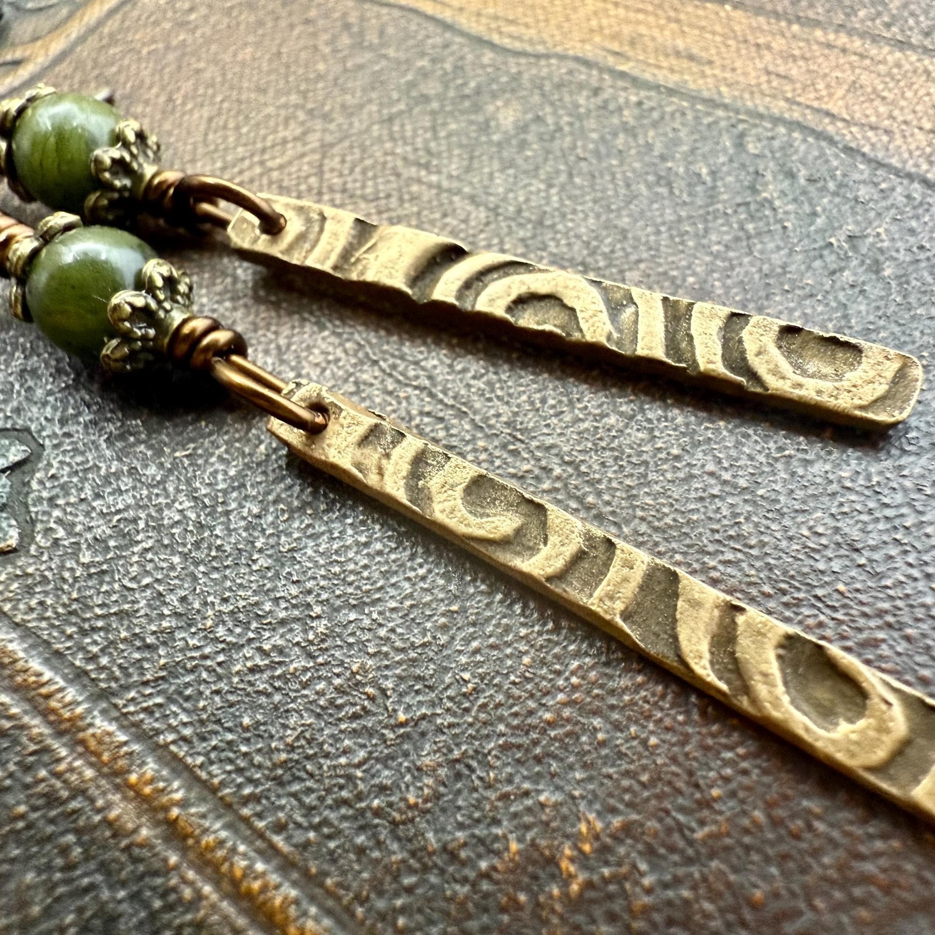 Dangle Stick Earrings, Bronze Spirals, Connemara Marble Beads, Irish Celtic Jewelry, Long Skinny, Hypoallergenic Ear Wires, Earthy Rustic