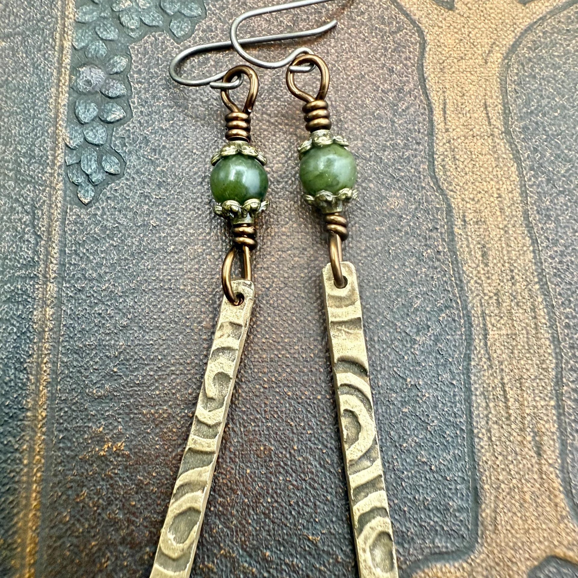 Dangle Stick Earrings, Bronze Spirals, Connemara Marble Beads, Irish Celtic Jewelry, Long Skinny, Hypoallergenic Ear Wires, Earthy Rustic