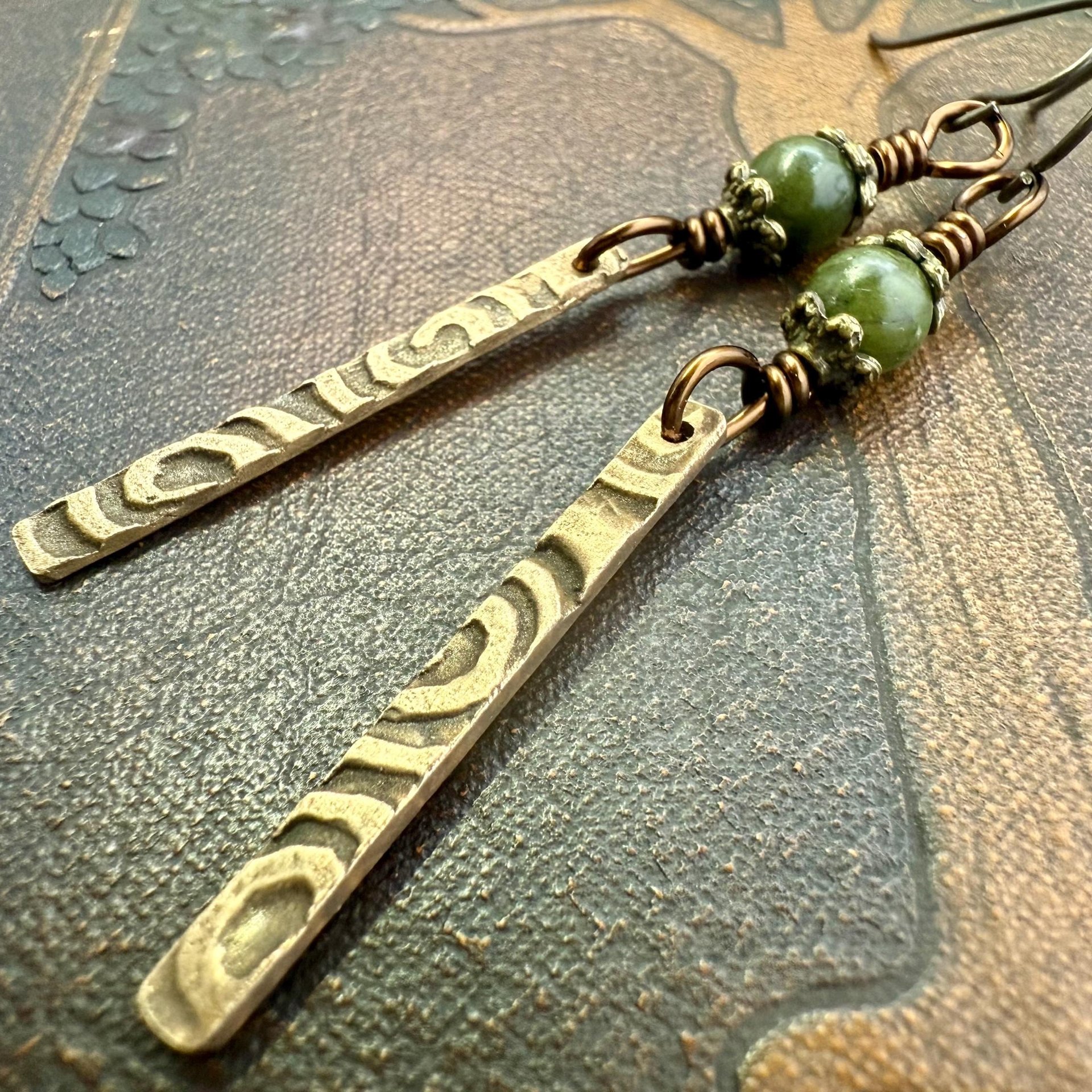 Dangle Stick Earrings, Bronze Spirals, Connemara Marble Beads, Irish Celtic Jewelry, Long Skinny, Hypoallergenic Ear Wires, Earthy Rustic