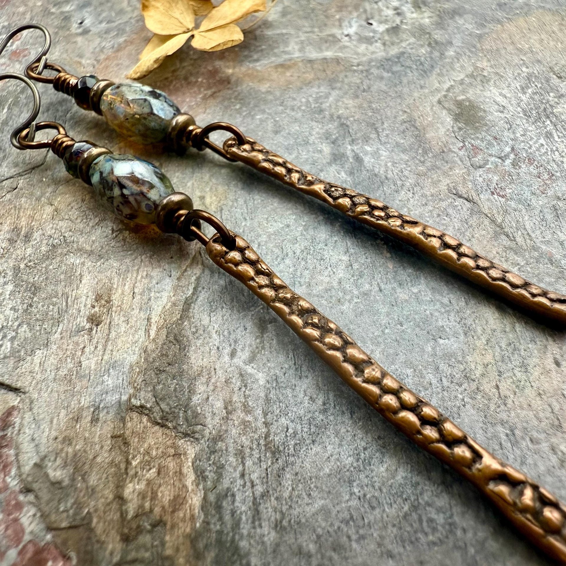 Copper Dangle Drop Earrings, Coral Fossil Texture, Czech Glass Beads, Hypoallergenic Niobium Ear Wires, Earthy Primitive, Door County WI