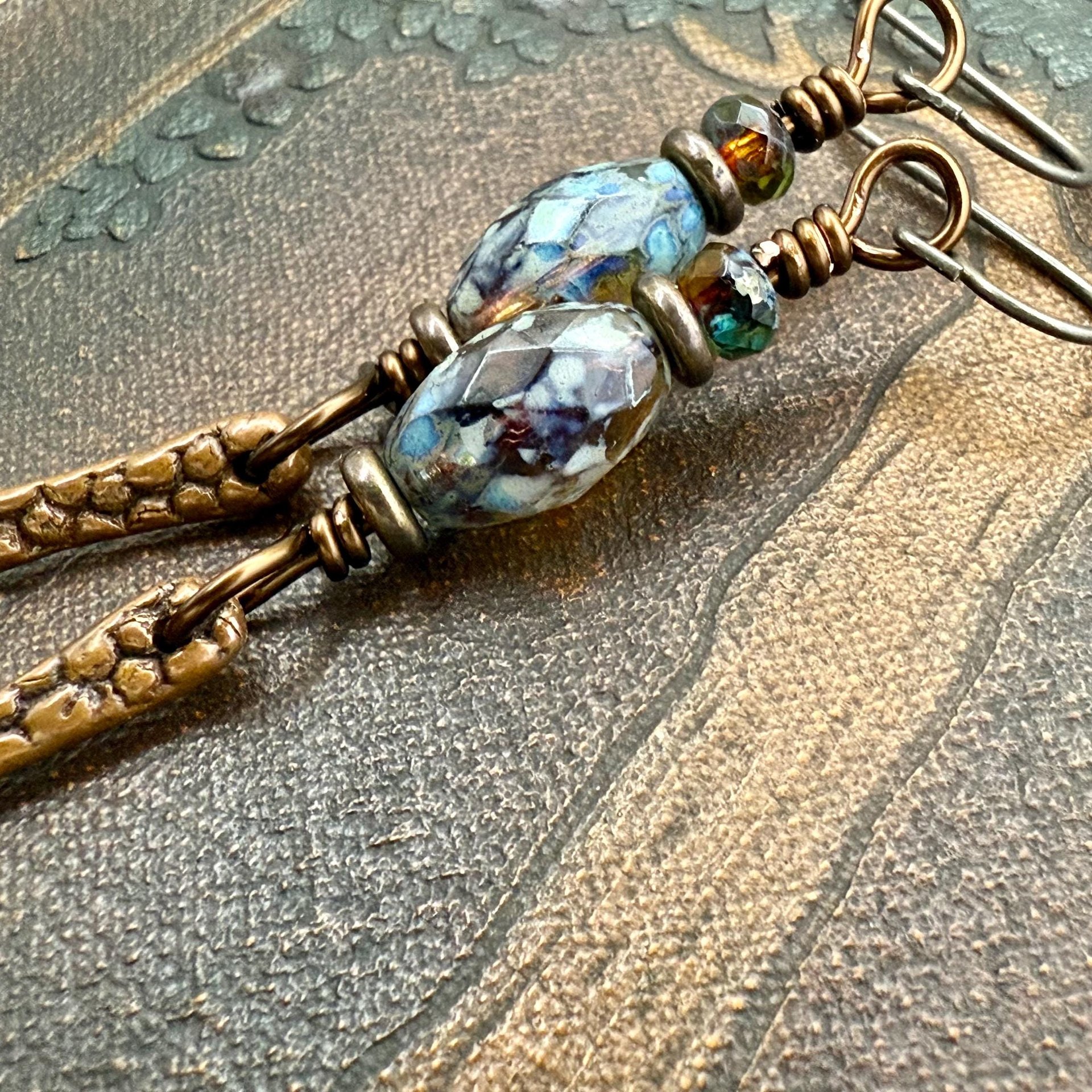 Copper Dangle Drop Earrings, Coral Fossil Texture, Czech Glass Beads, Hypoallergenic Niobium Ear Wires, Earthy Primitive, Door County WI