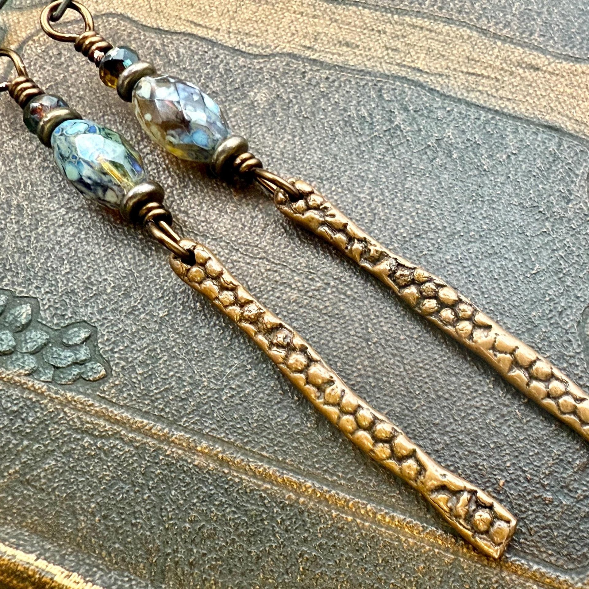 Copper Dangle Drop Earrings, Coral Fossil Texture, Czech Glass Beads, Hypoallergenic Niobium Ear Wires, Earthy Primitive, Door County WI