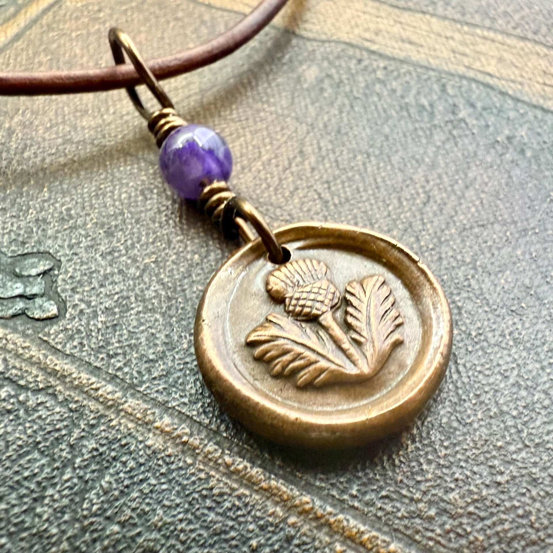 Thistle of Scotland, Copper Wax Seal Charm, Purple Amethyst, Leather & Vegan Cord, Highlander, Outlander, Scottish Gifts, Botanical Jewelry