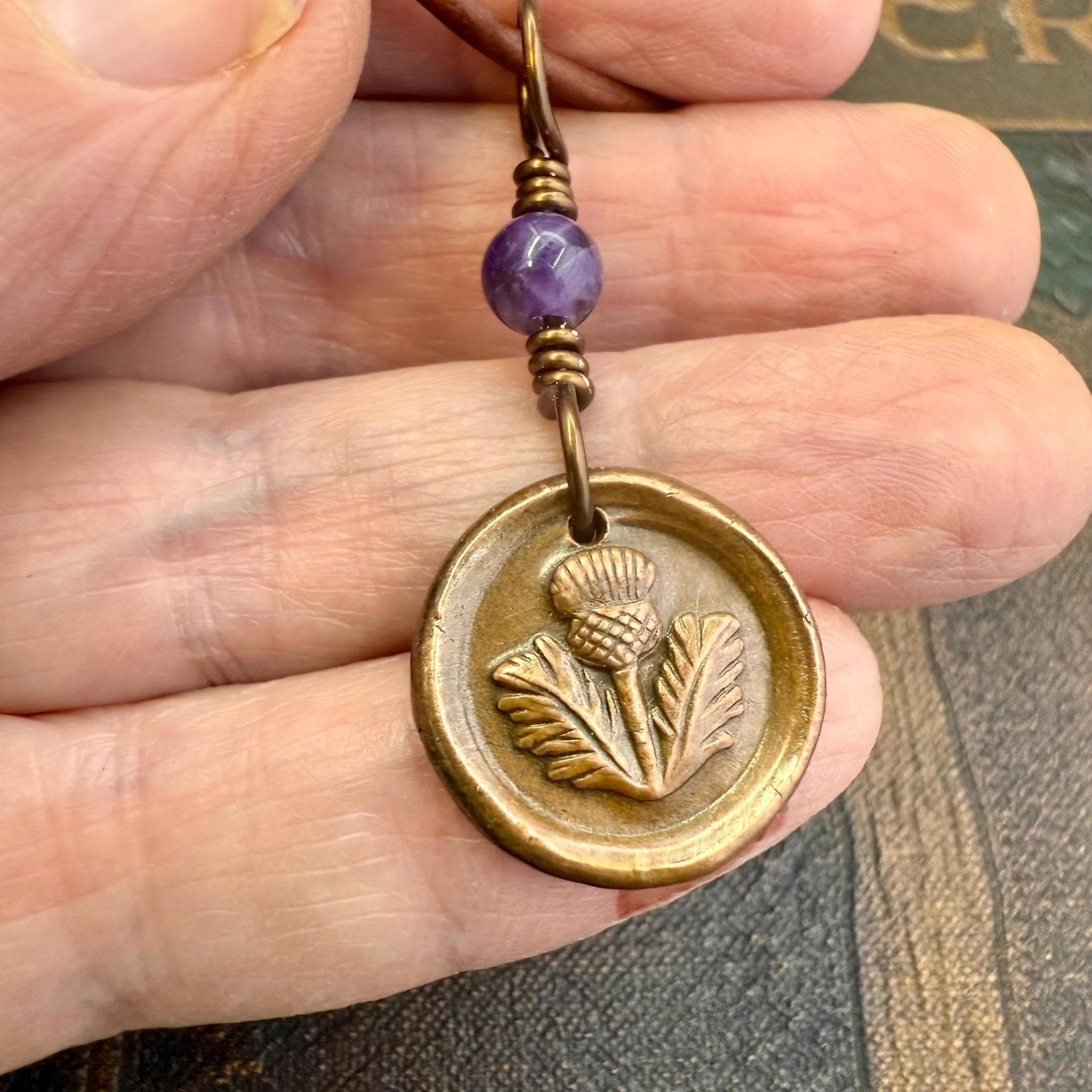 Thistle of Scotland, Copper Wax Seal Charm, Purple Amethyst, Leather & Vegan Cord, Highlander, Outlander, Scottish Gifts, Botanical Jewelry